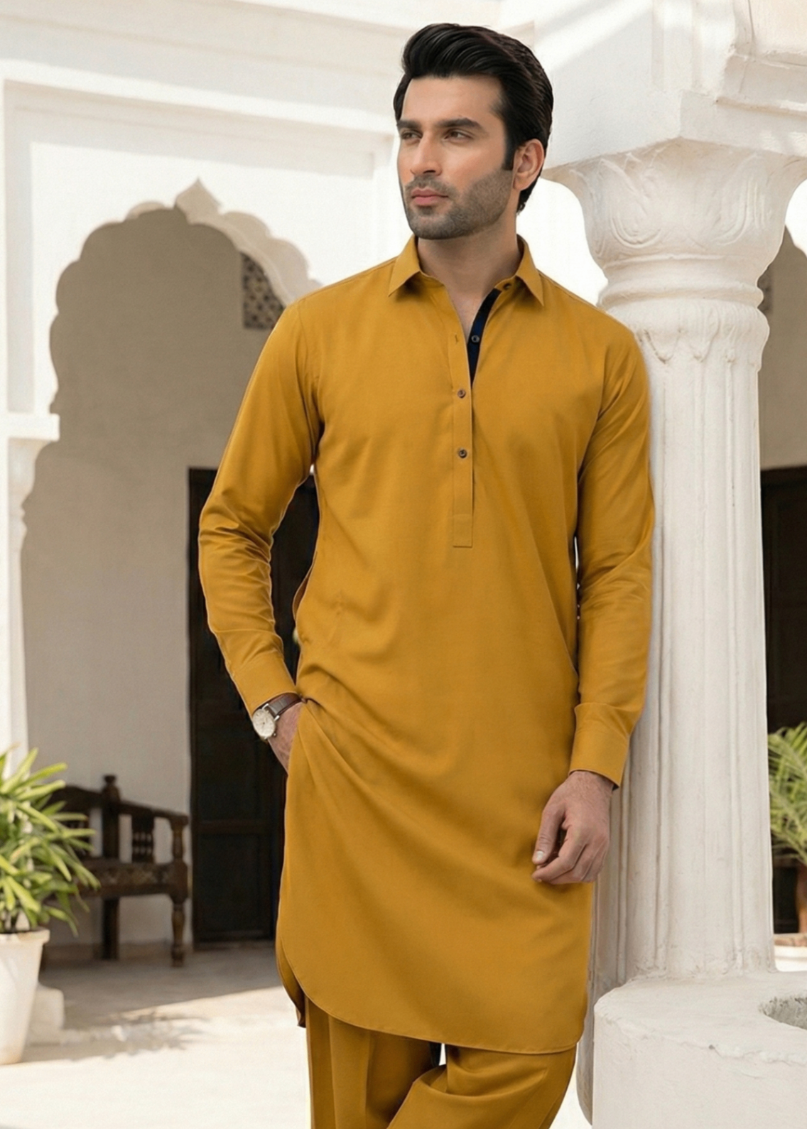 wash & wear Shalwar Kameez in Yellow, mustard
