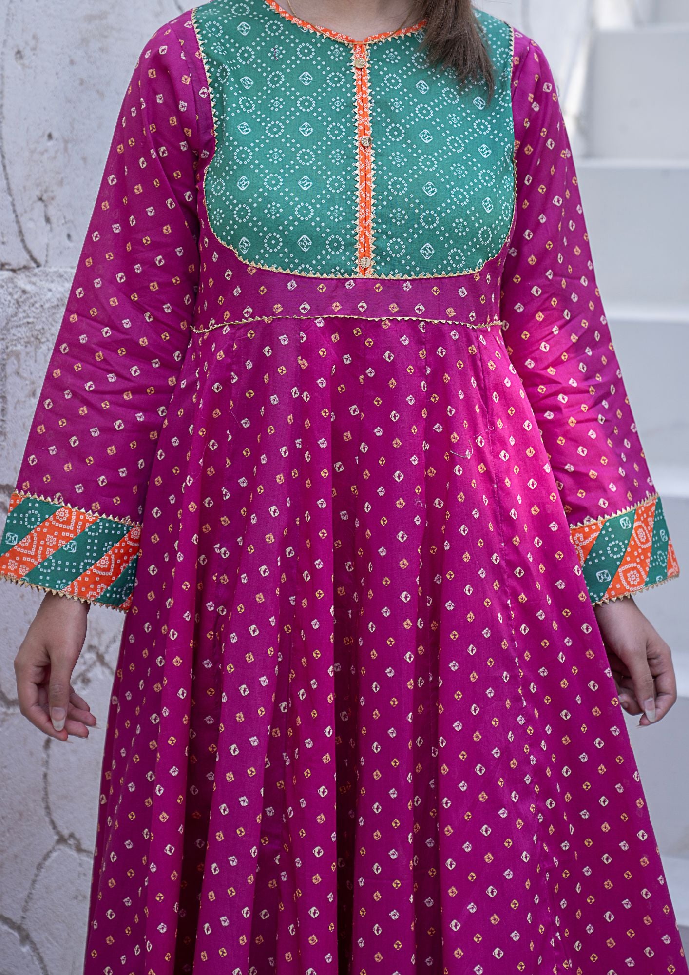 lawn Pishwas in Sea green, magenta haze