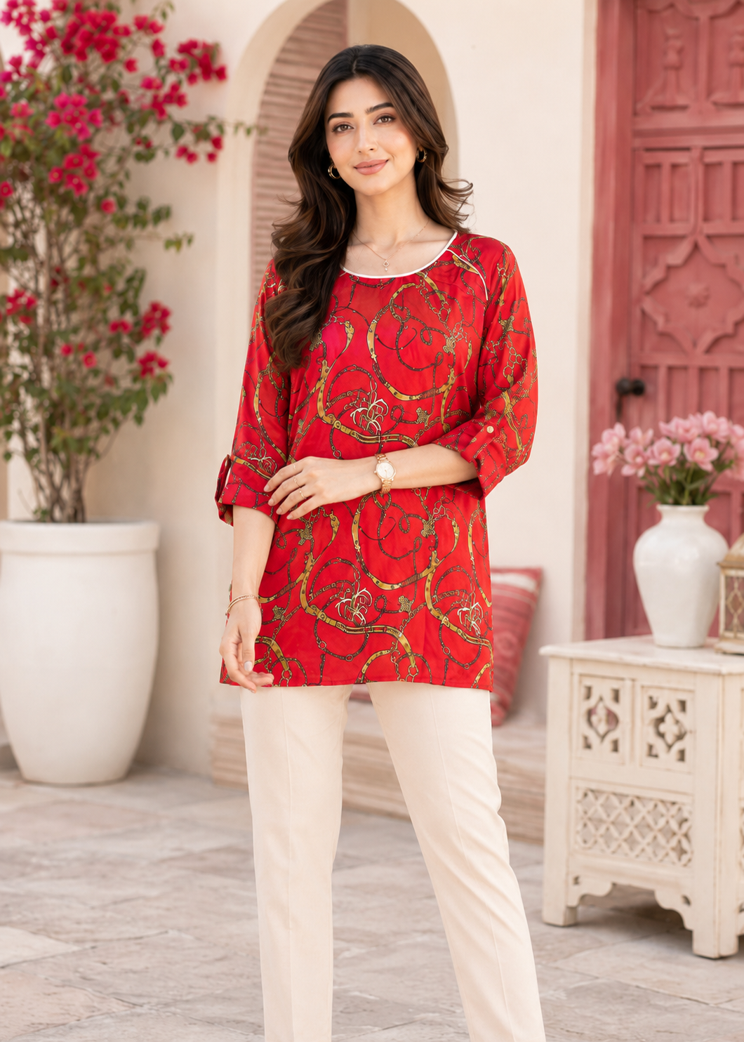 poly silk Tunic in Red