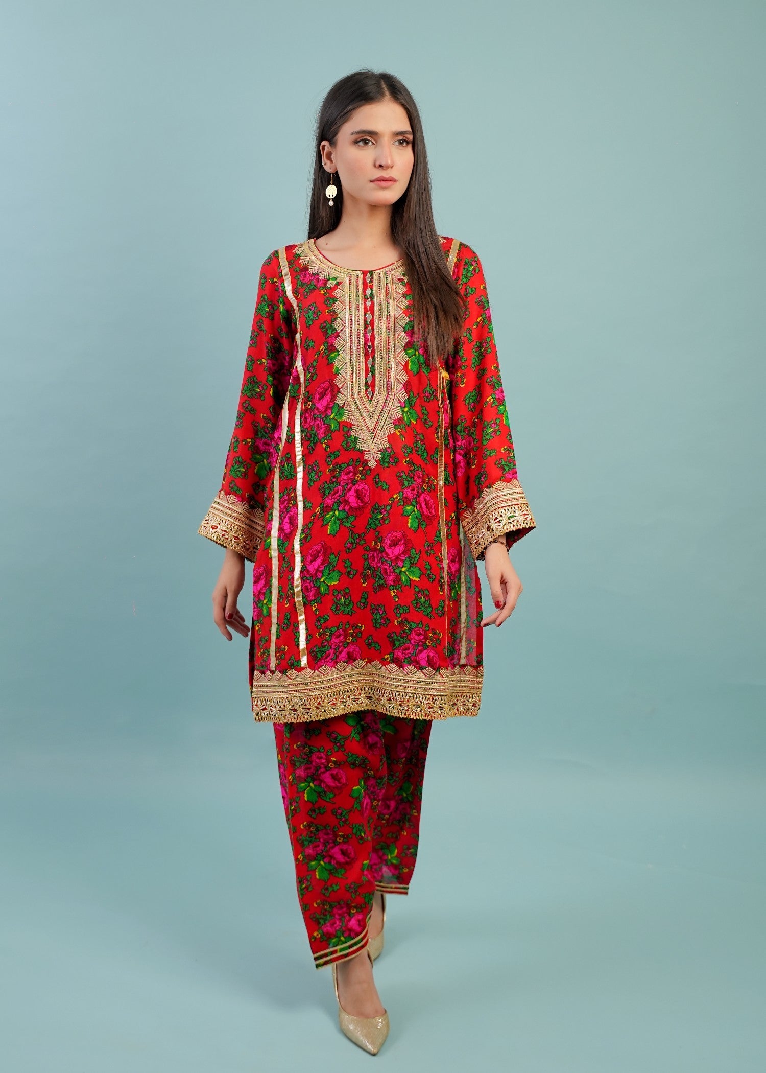 voile Kurta Set in Red