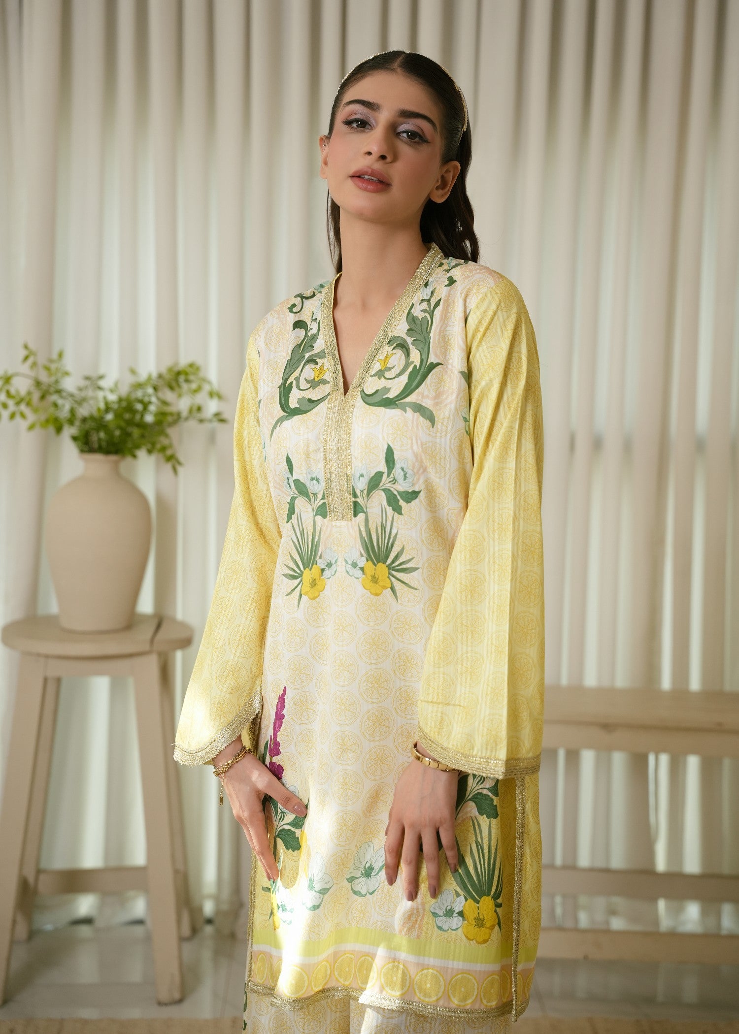 textured lawn Co Ord Sets in Dark green, white, lemon