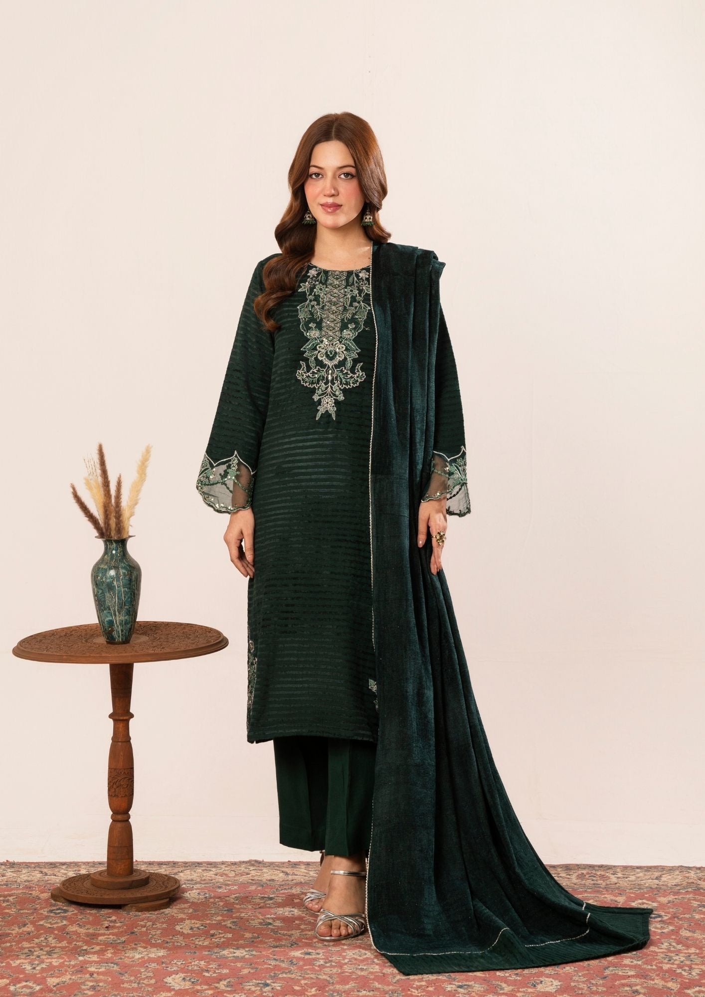 velvet jacquard Kurta Set in Bottle green
