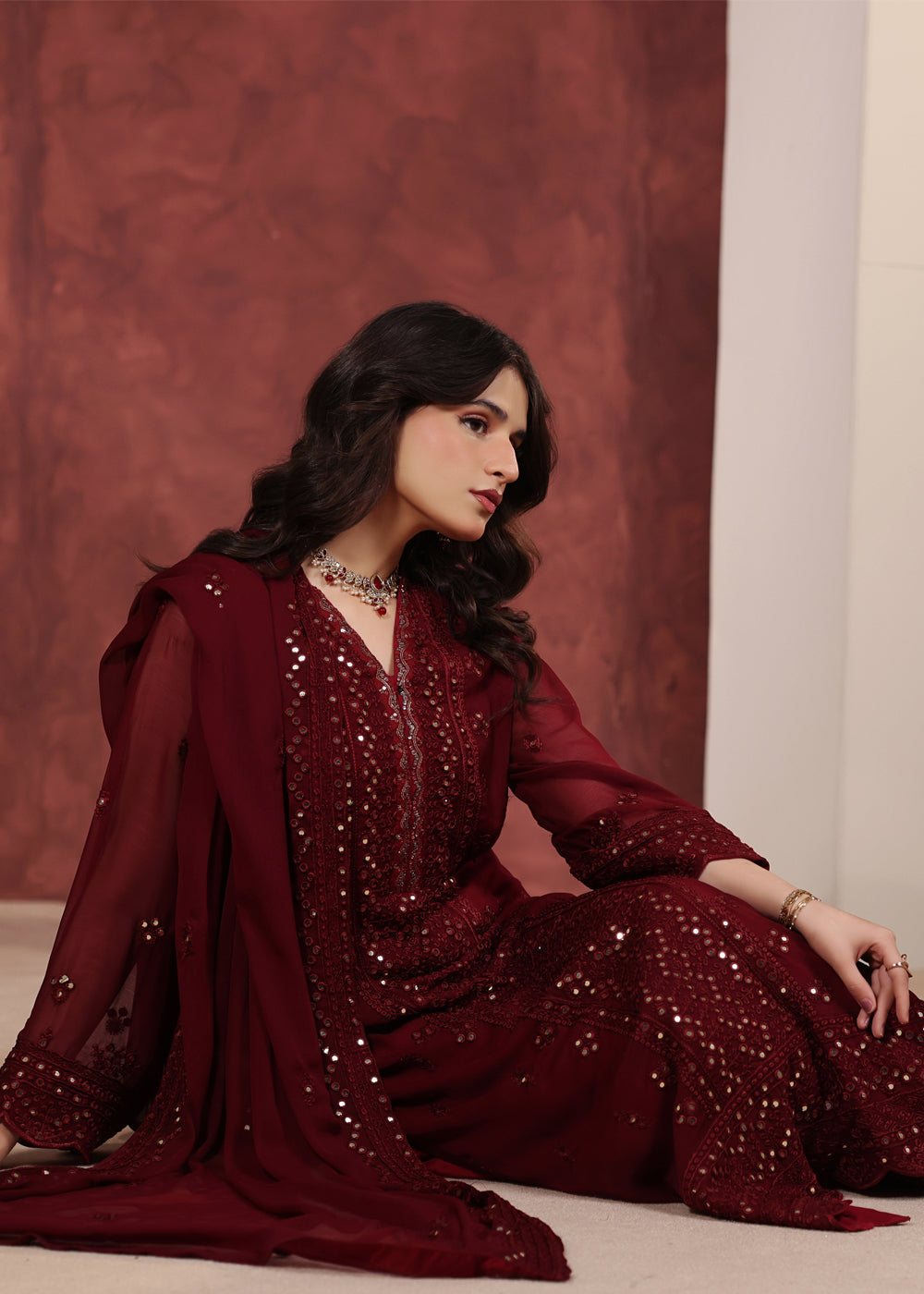 chiffon Kurta Set in Fire red