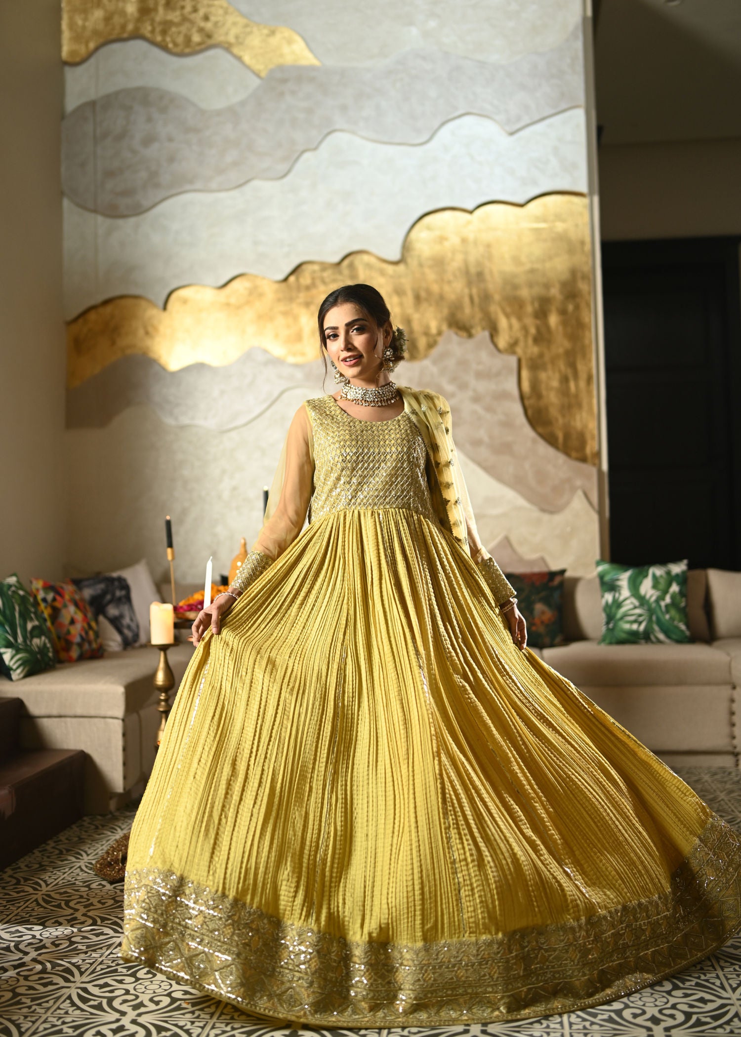 cotton silk Pishwas in Key lime