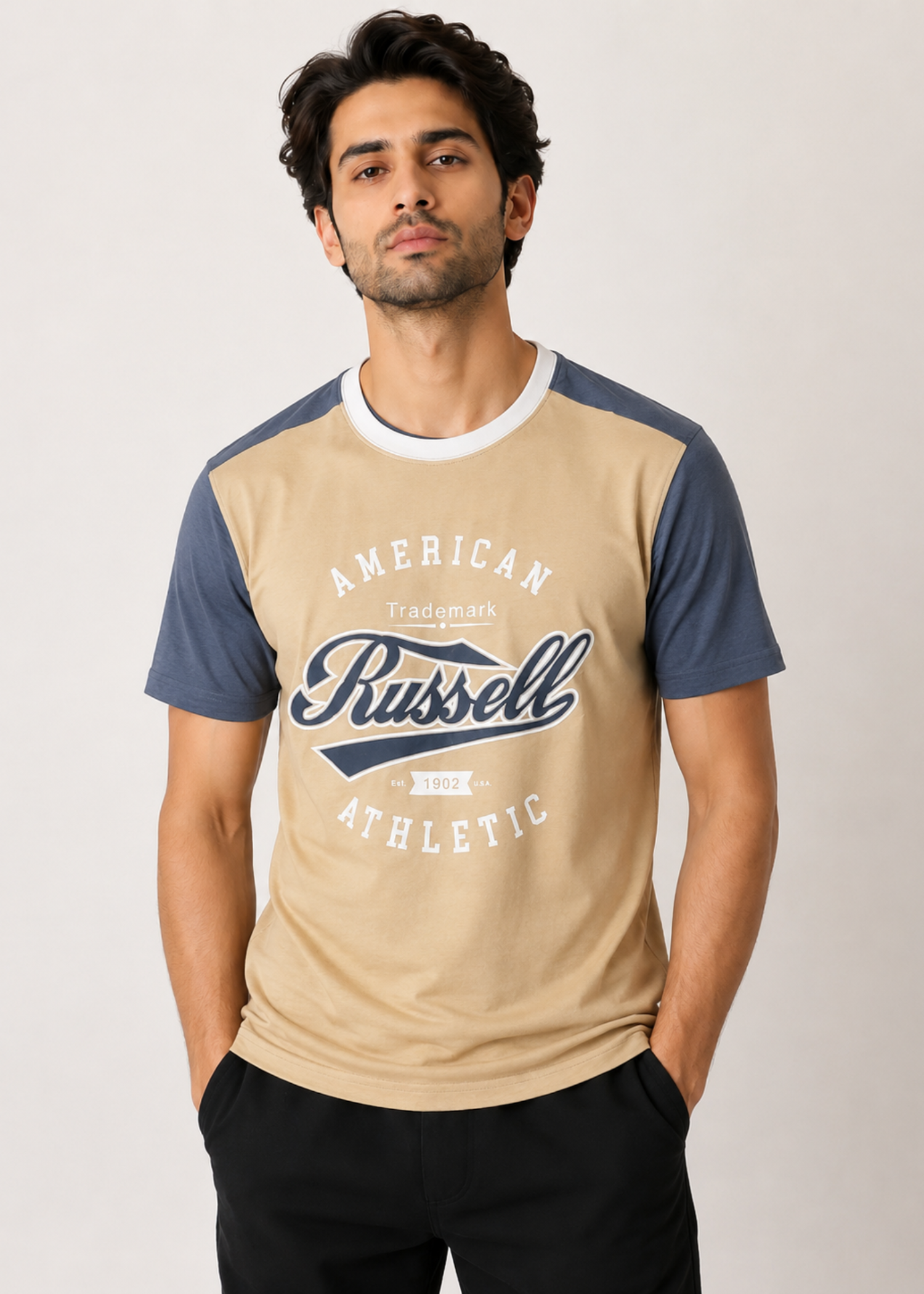 cotton T Shirt in Sapphire blue, champagne