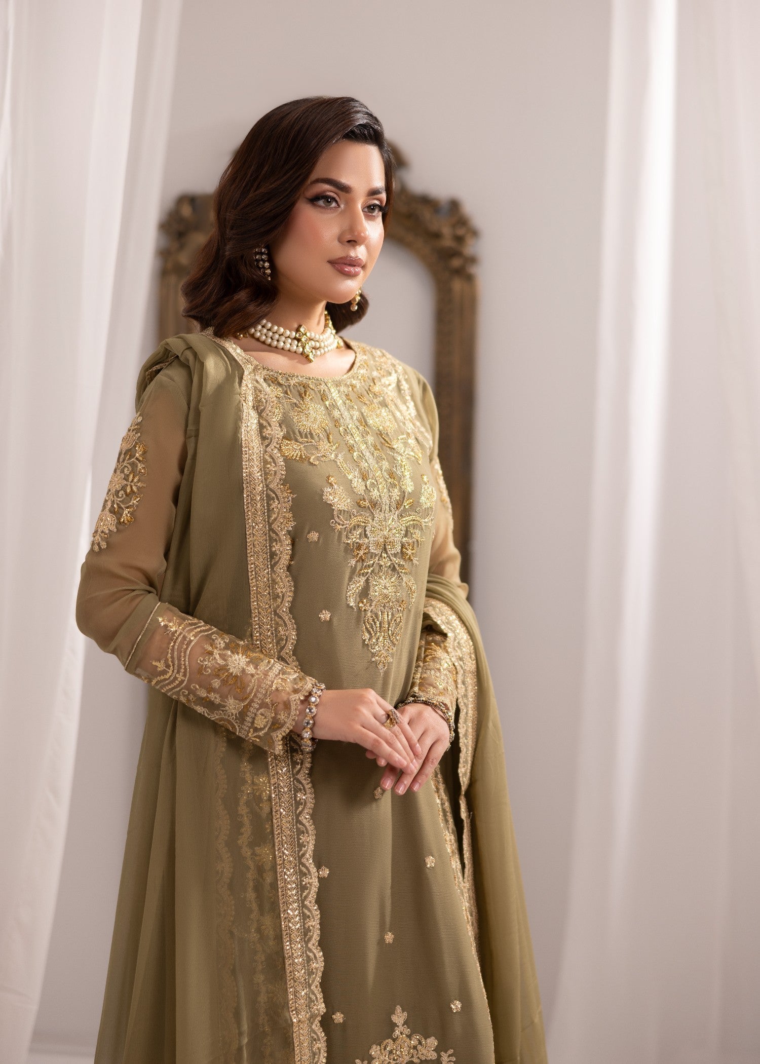 bemberg crinkle chiffon Kurta Set in Sage green