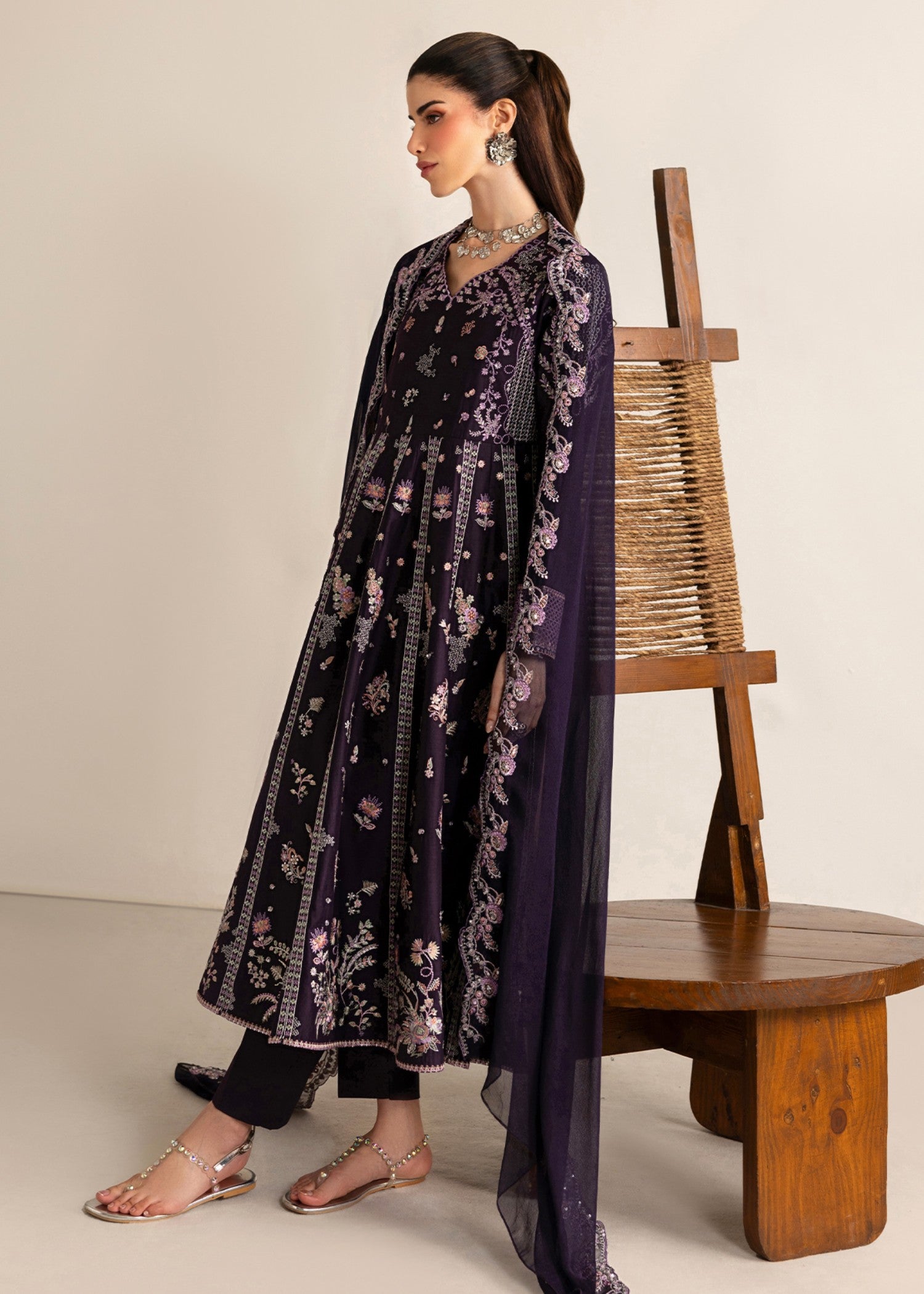 lawn cotton Pishwas in Plum purple