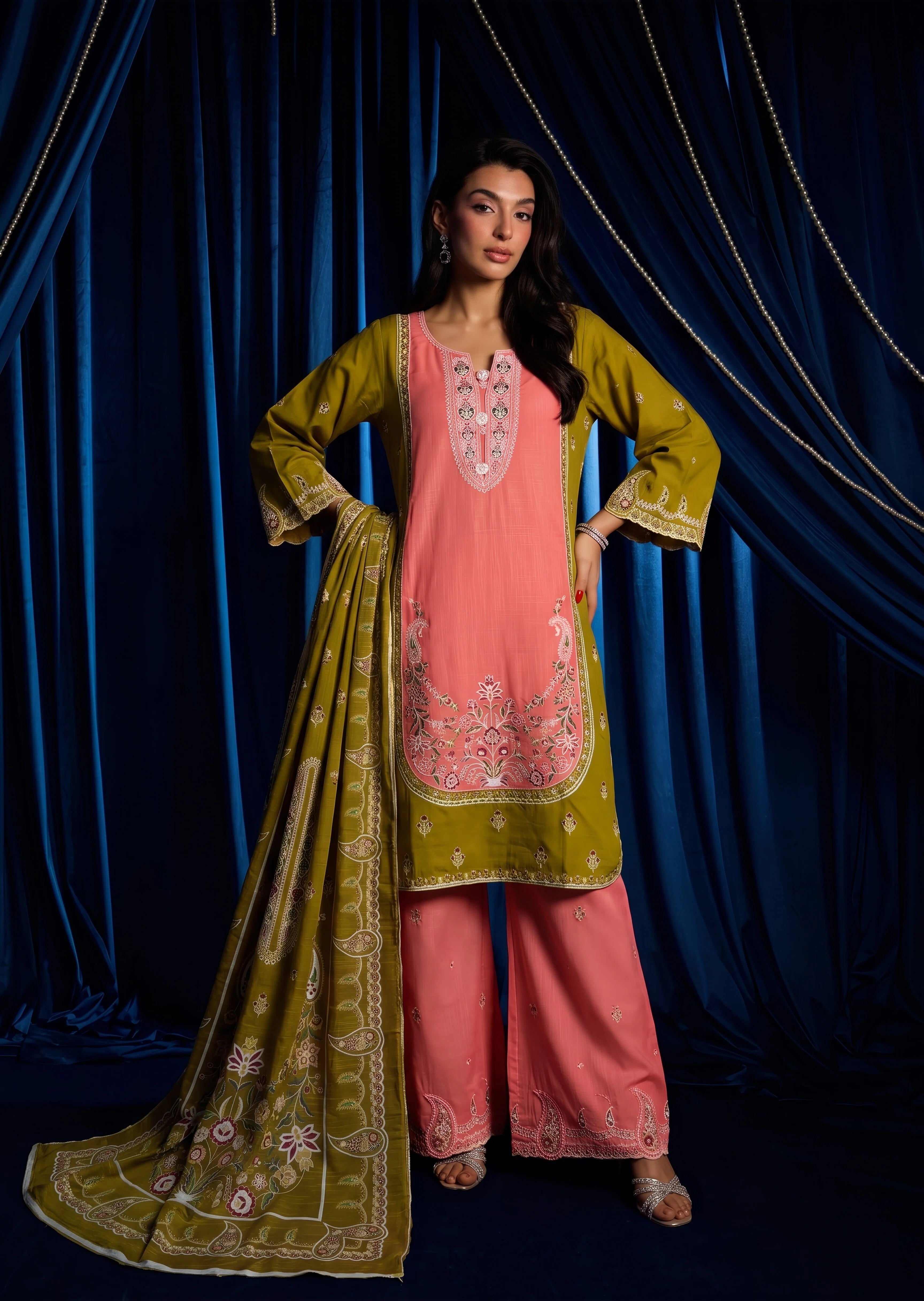 cotton linen Kurta Set in Saffron, taffy pink