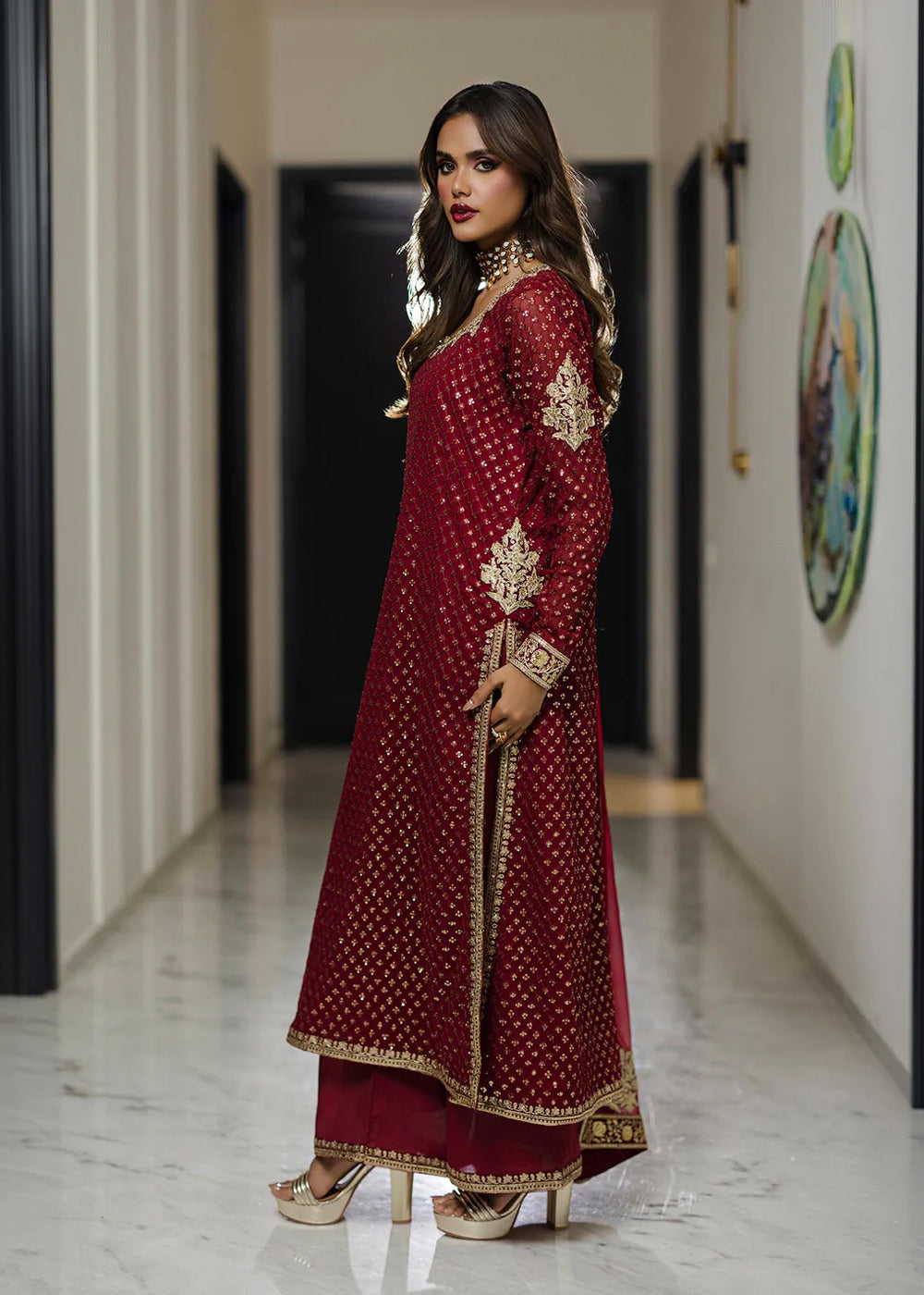 pure silk chiffon Kurta Set in Venetian red
