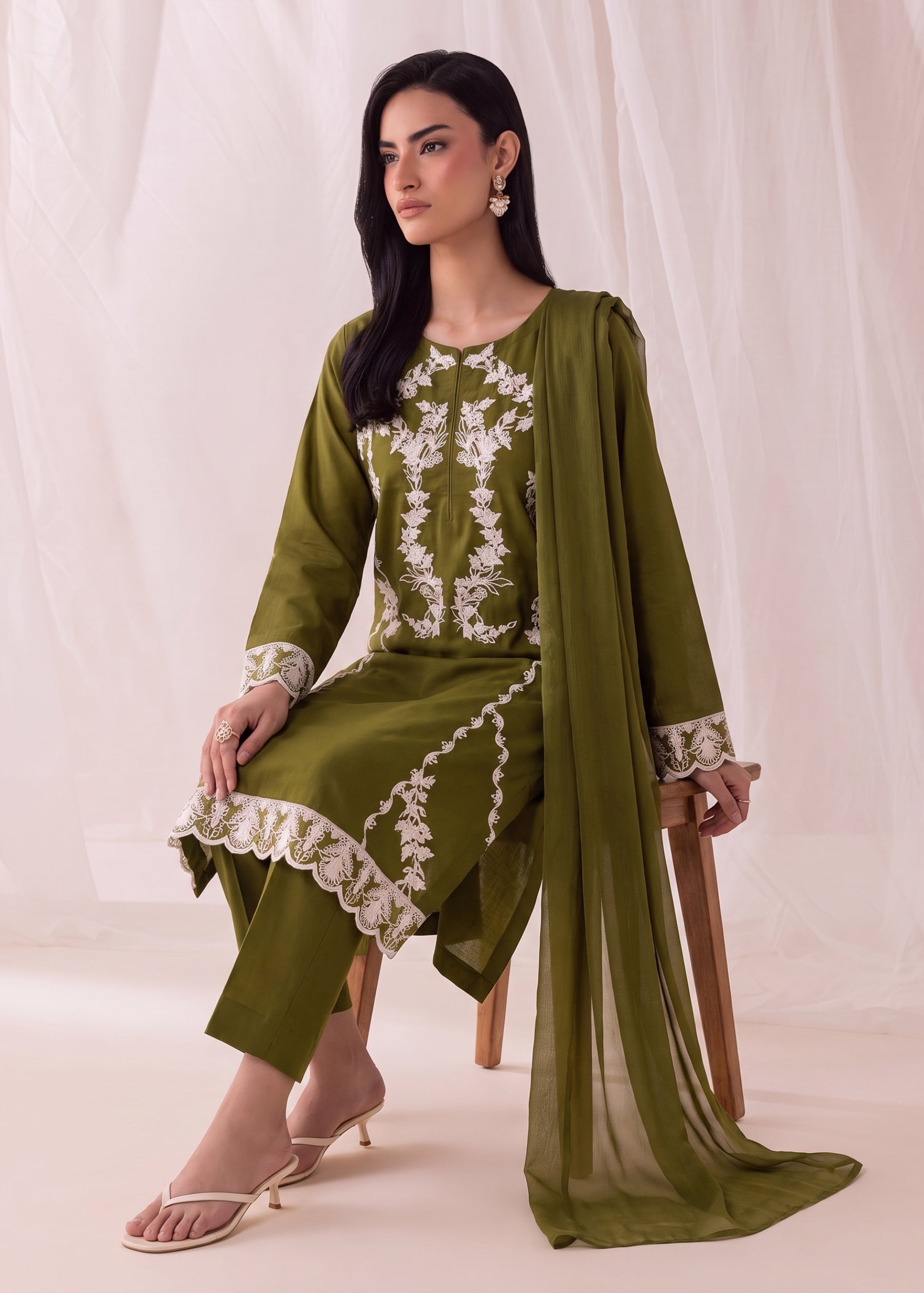 linen Kurta Set in Olive green