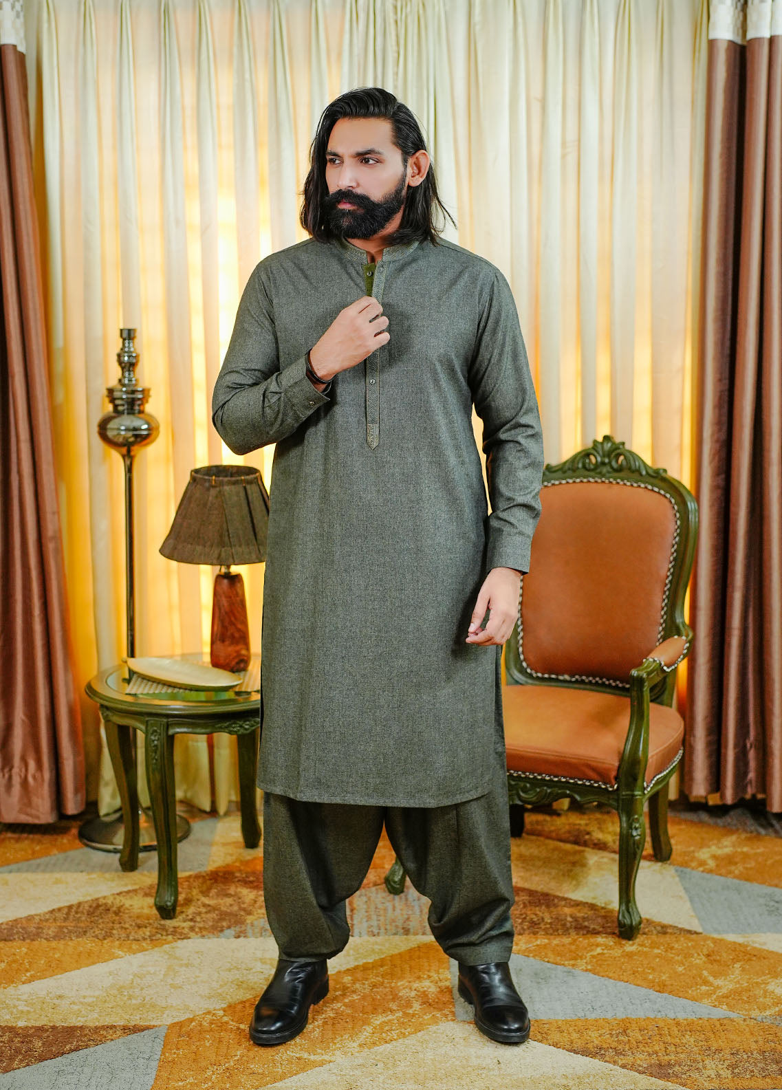acrylic wool Shalwar Kameez in Bottle green