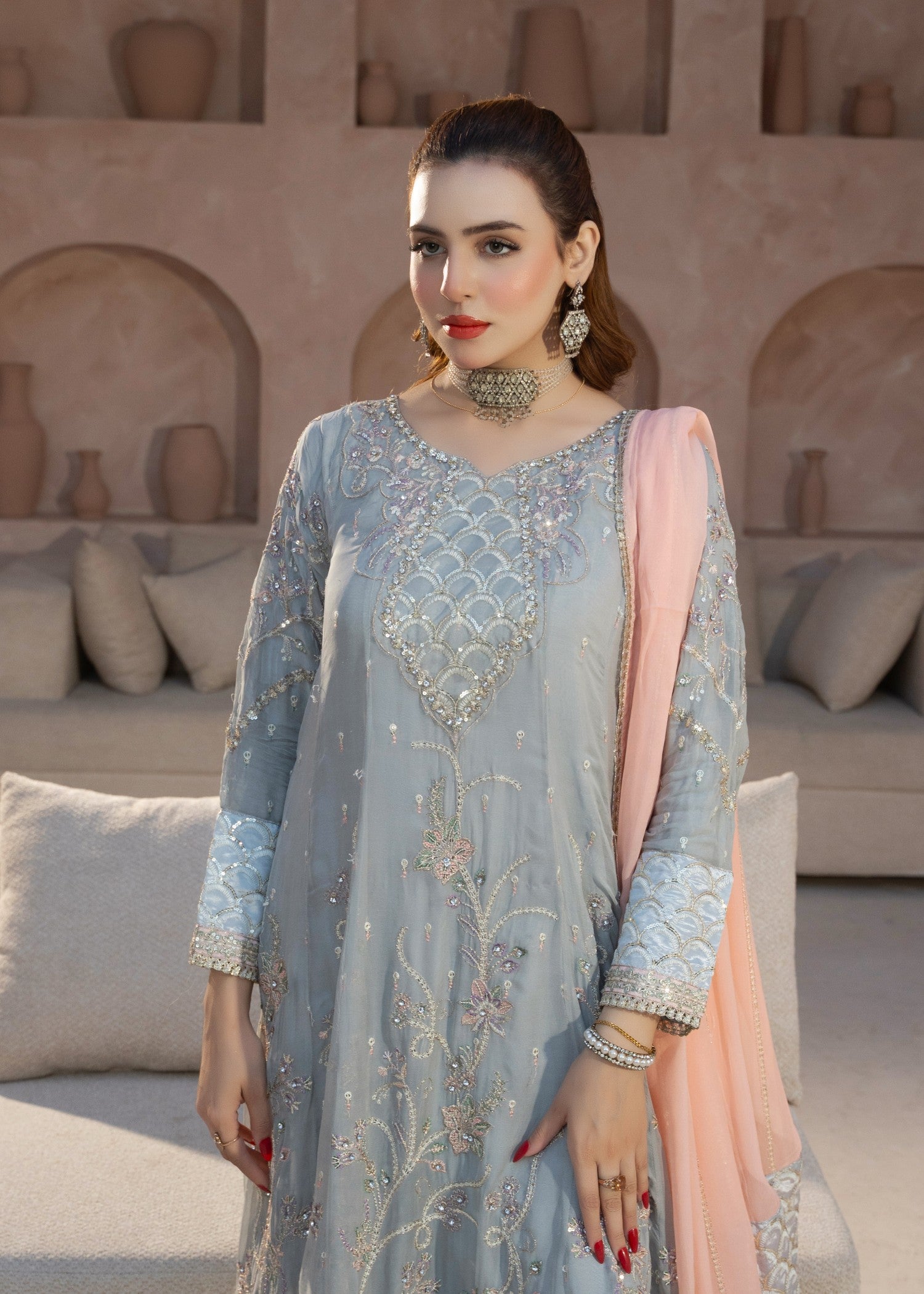 chiffon Pishwas in Slate grey