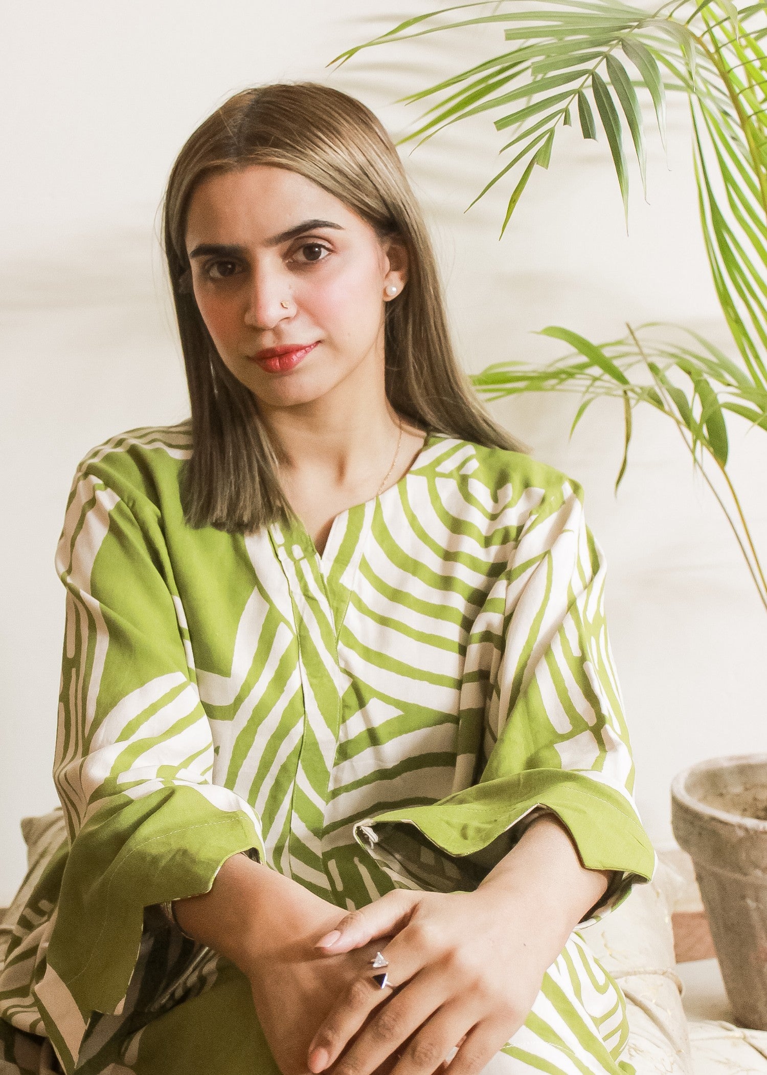 linen Kurti in Ivory, herb green