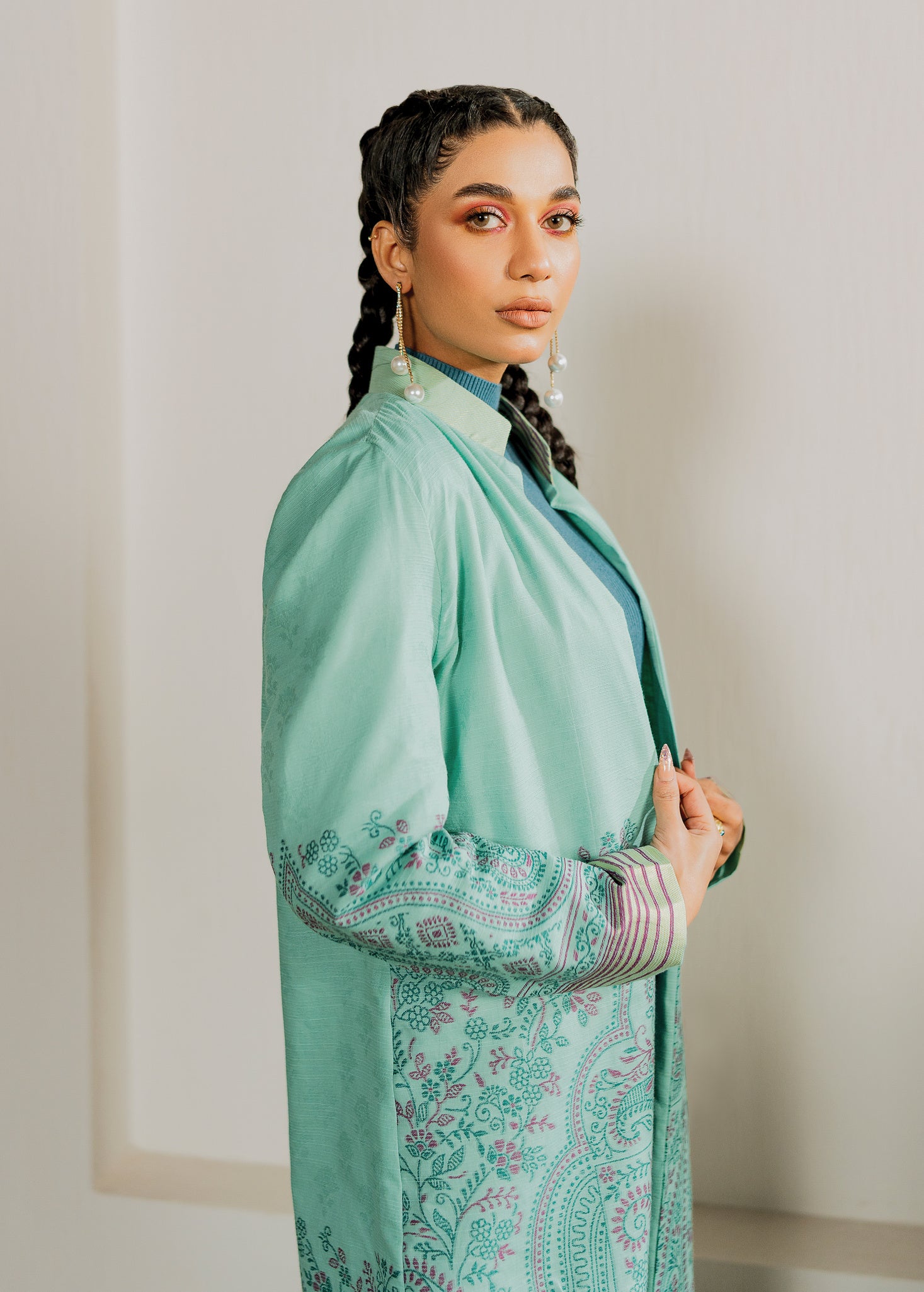 slub khaddar Jacket in Green