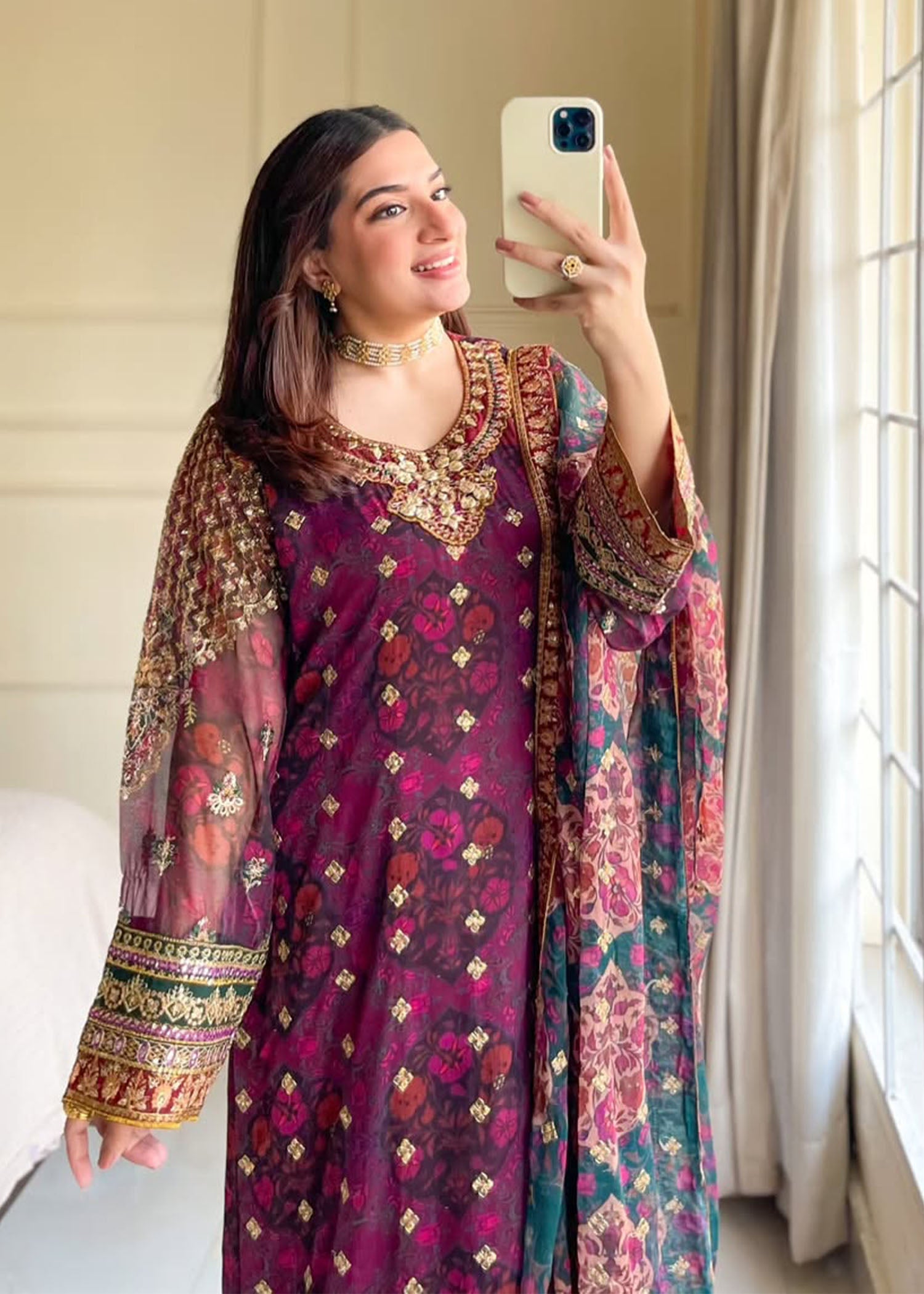 chiffon Kurta Set in Magenta