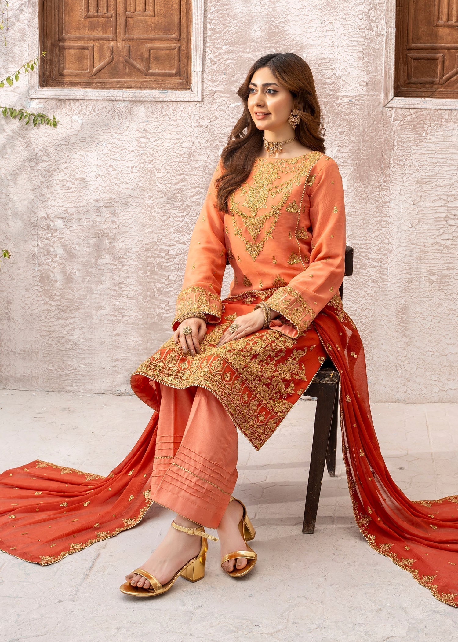 chiffon Kurta Set in Coral orange
