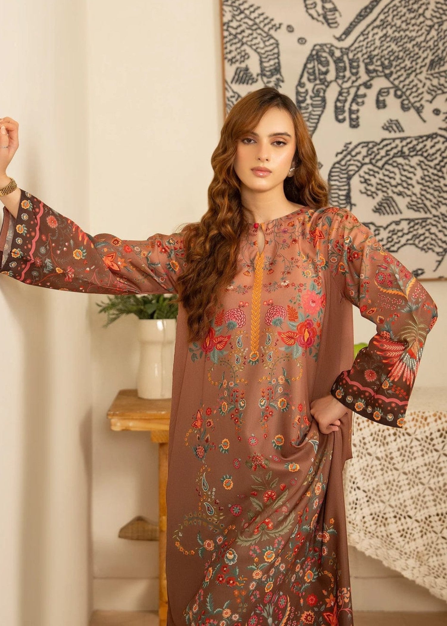 blended cambric Kaftan in Walnut brown