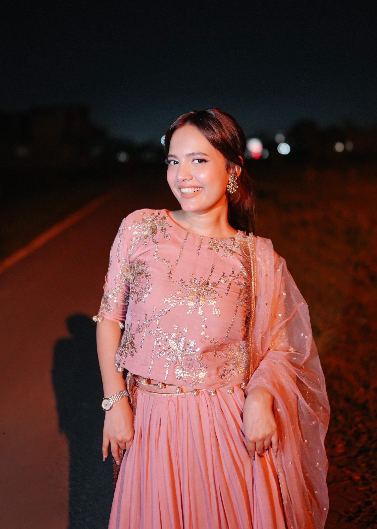 bemberg crinkle chiffon Lehenga in Pink