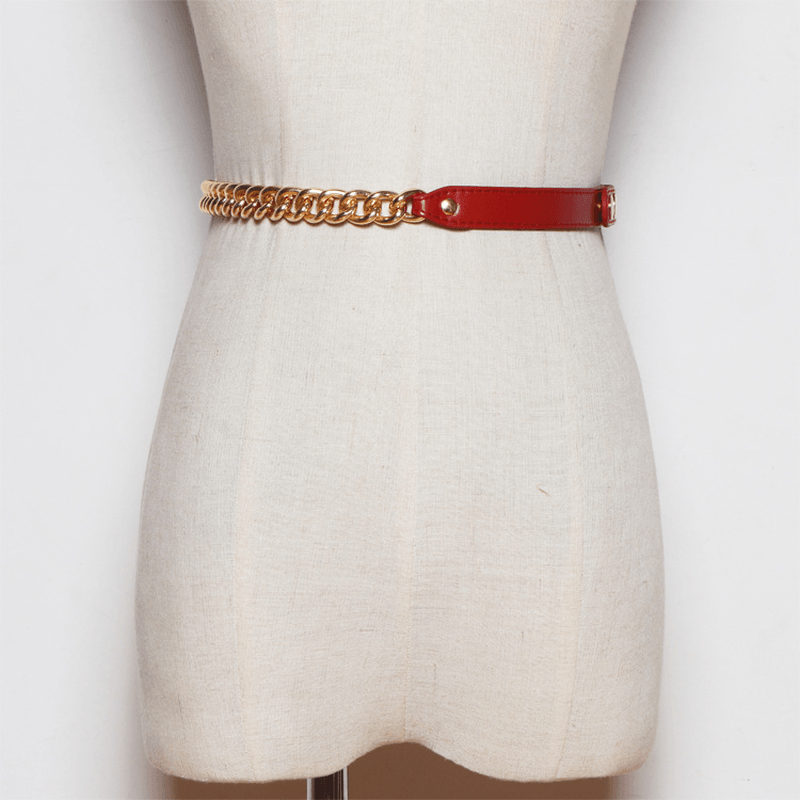 Metal Chain Stitching PU Leather Belt Female Wild Belt Decoration Dress Shirt Waist Chain