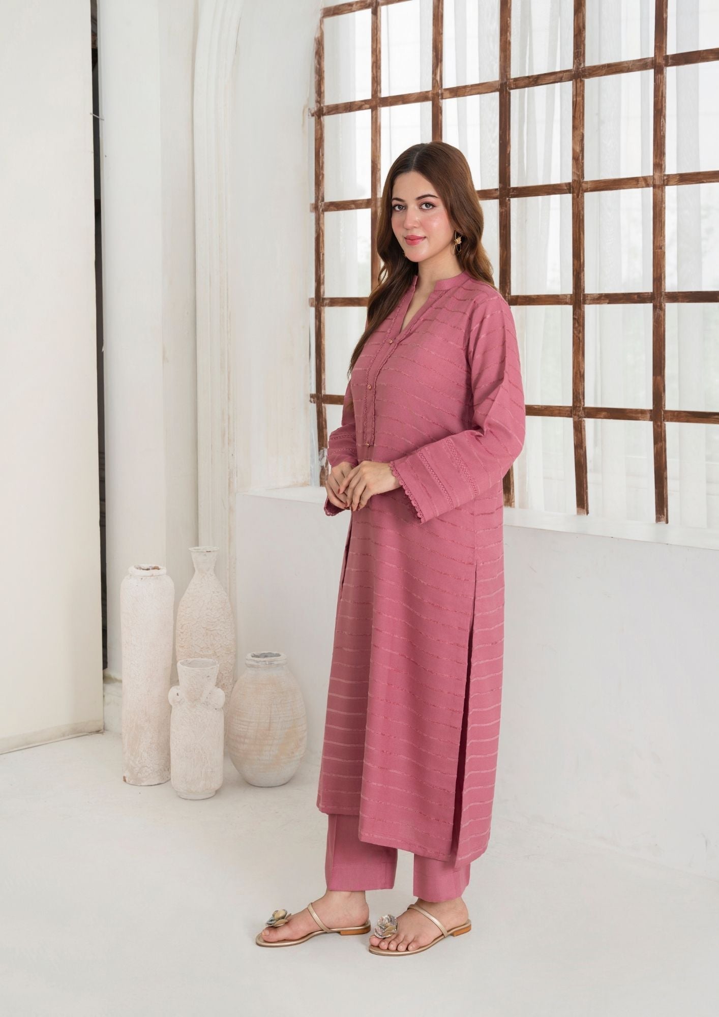 dhanak wool Kurta Set in Tea rose pink