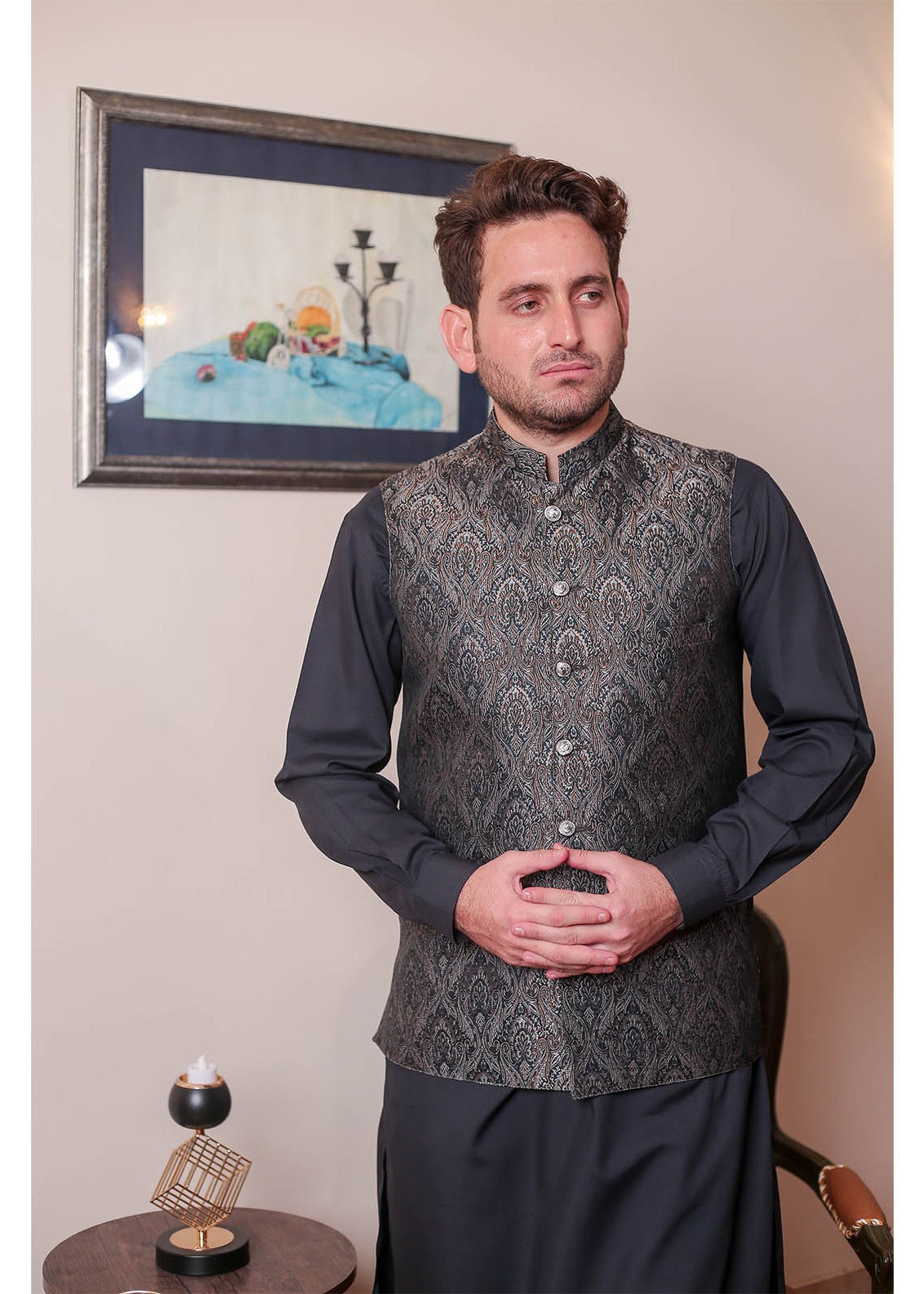 banarsi silk Waistcoat in Dark grey