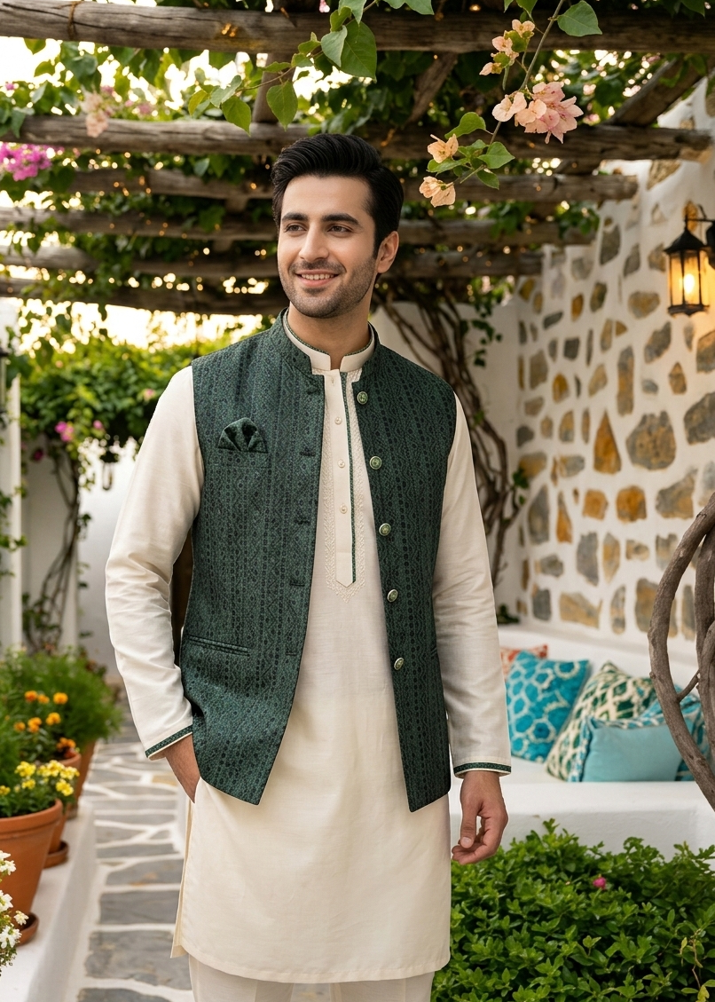 jamawar Waistcoat in Green by Dulha Fashion House