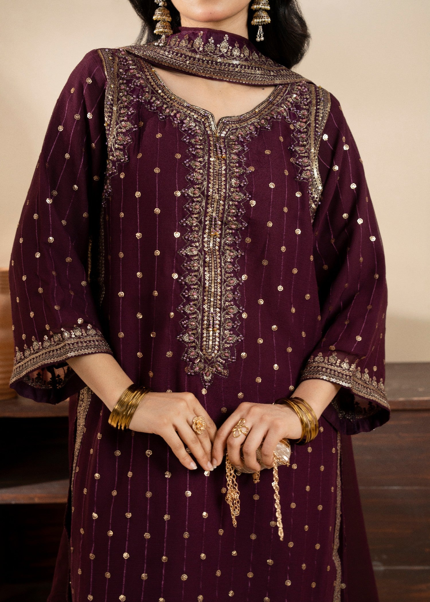 chiffon Kurta Set in Burgundy