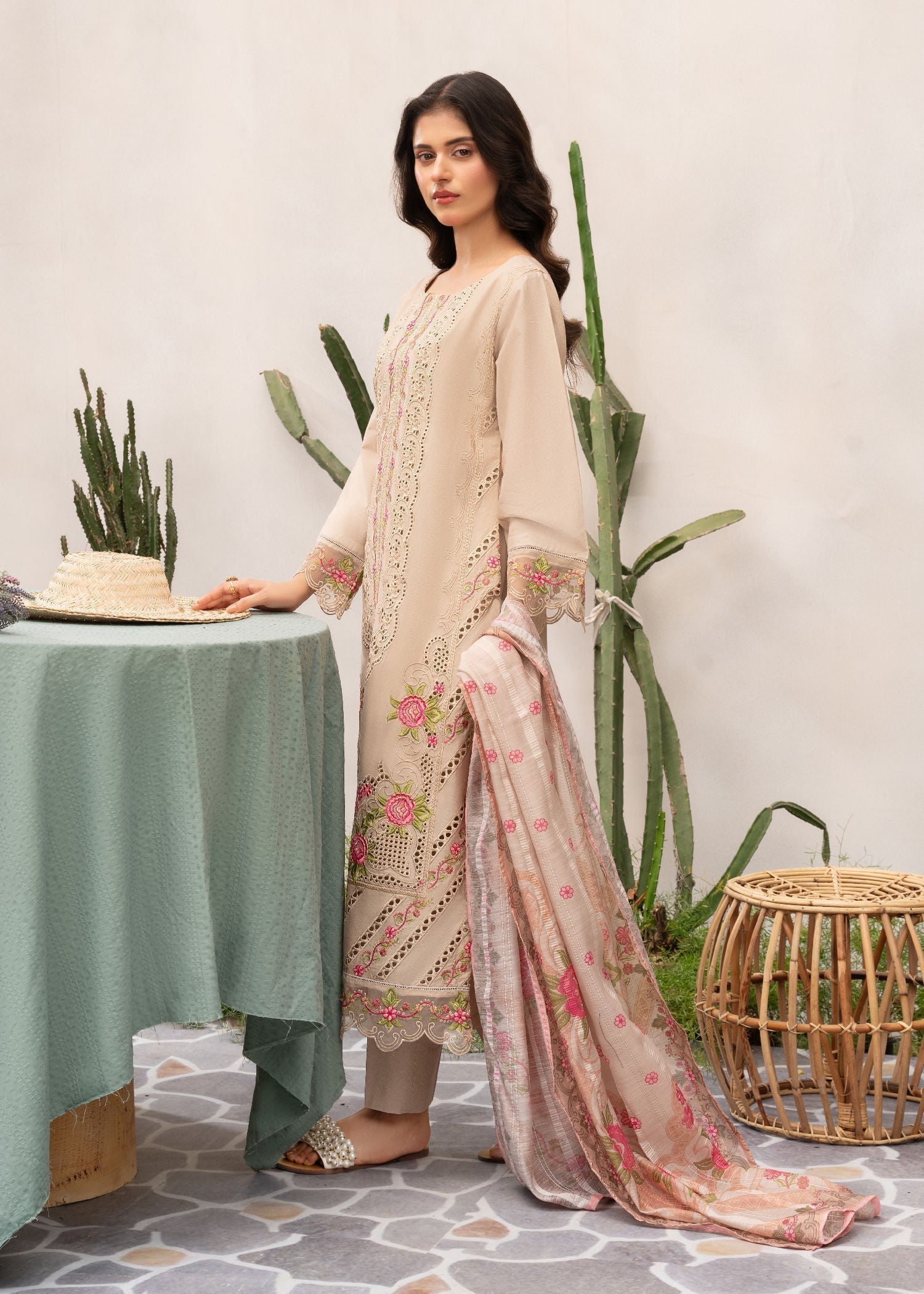 lawn Kurta Set in Beige