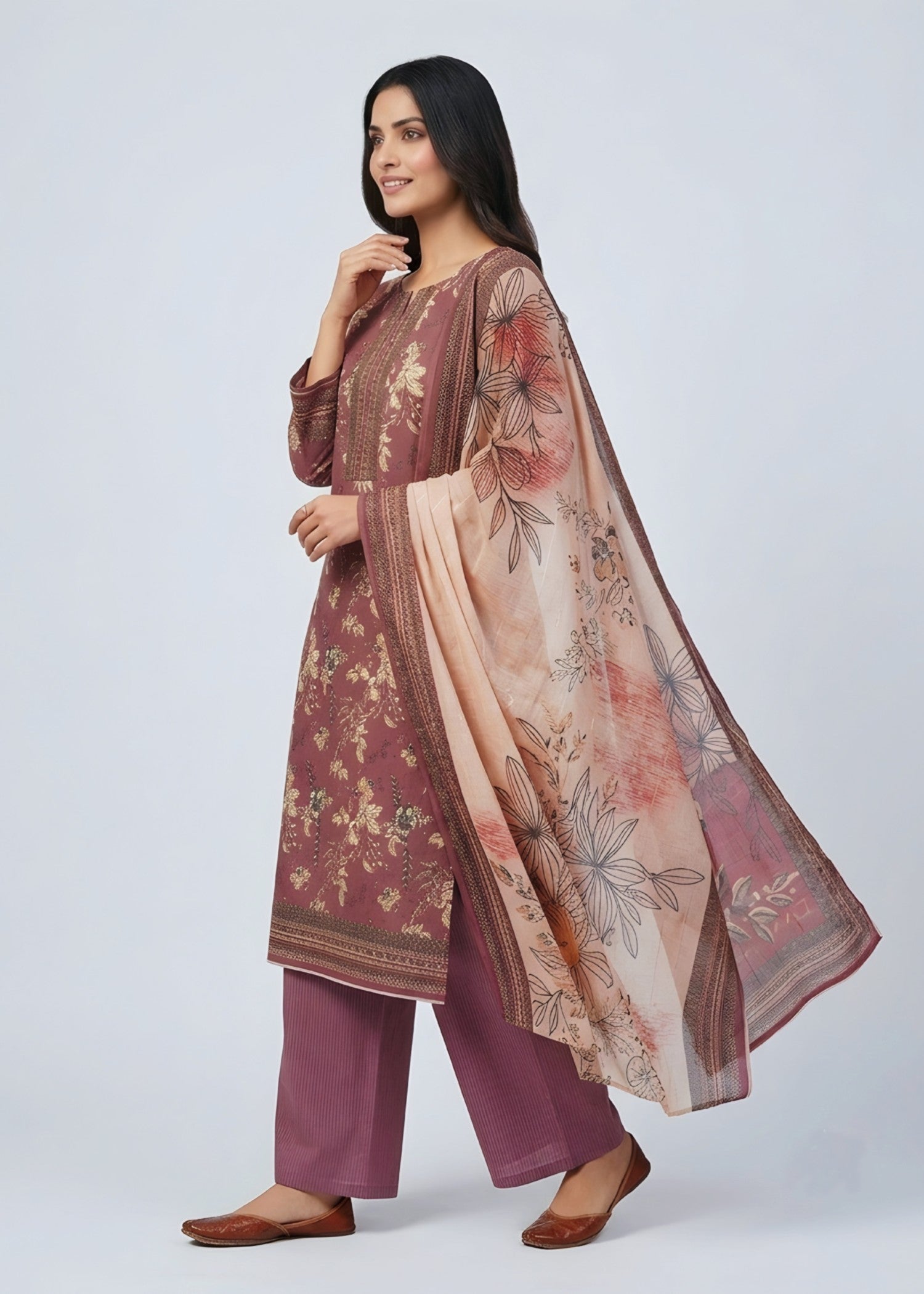 lawn Unstitched in Chocolate brown, butter