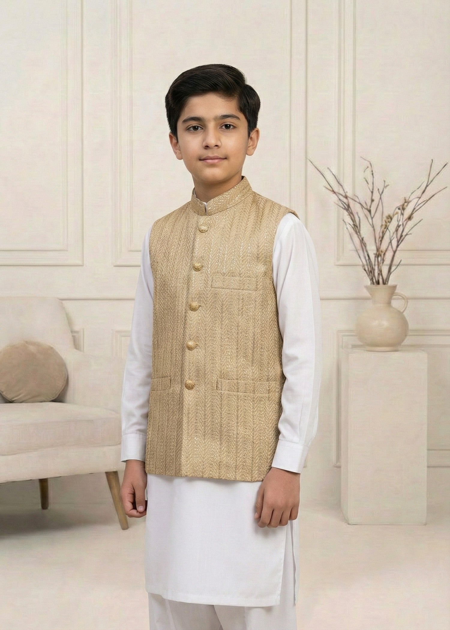 traditional jamawar Waistcoat in Gold