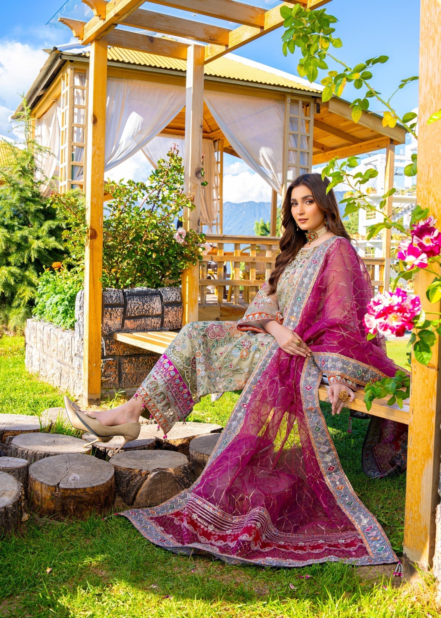 net Kurta Set in Sage green