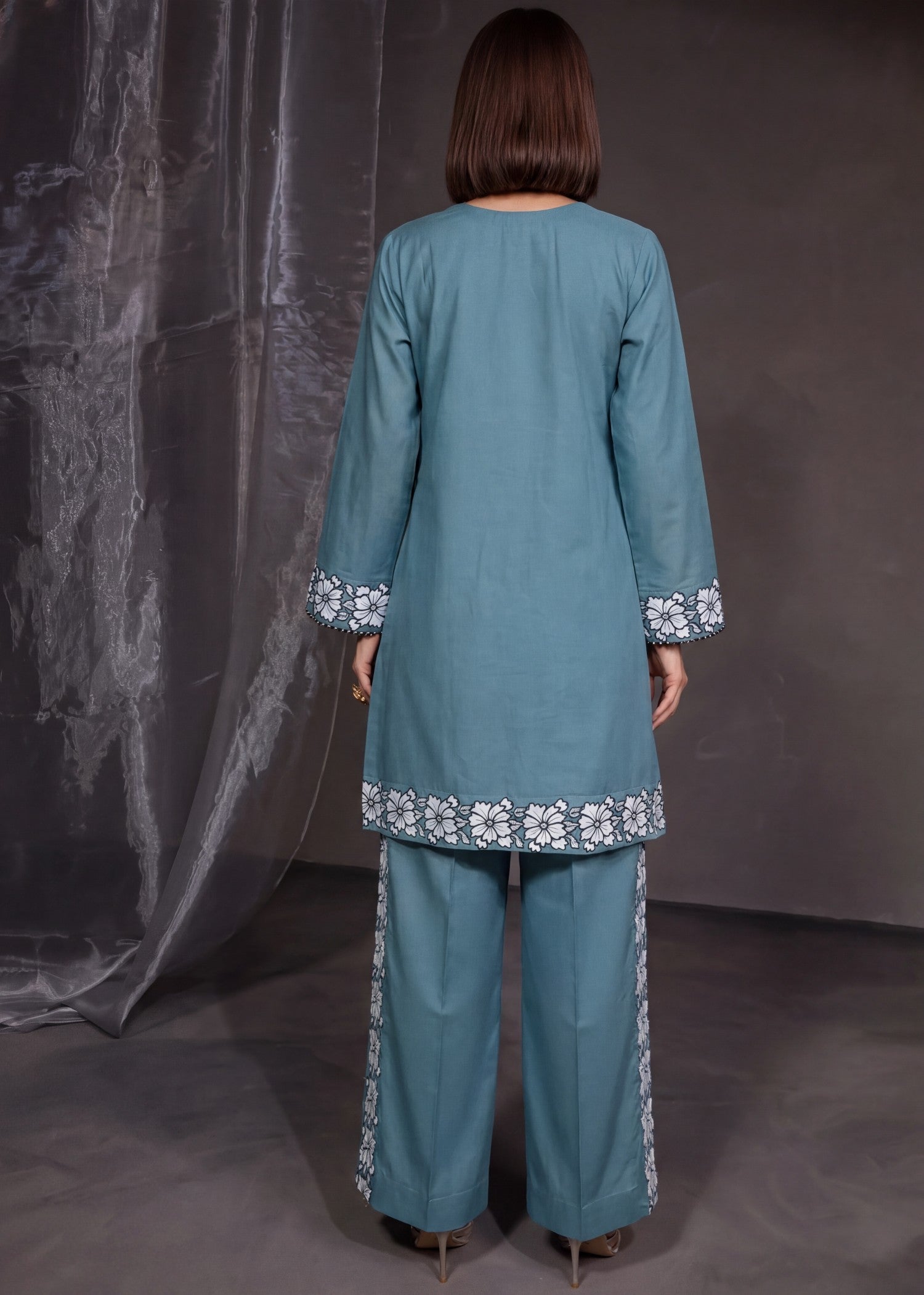 lawn Kurta Set in Pacific blue