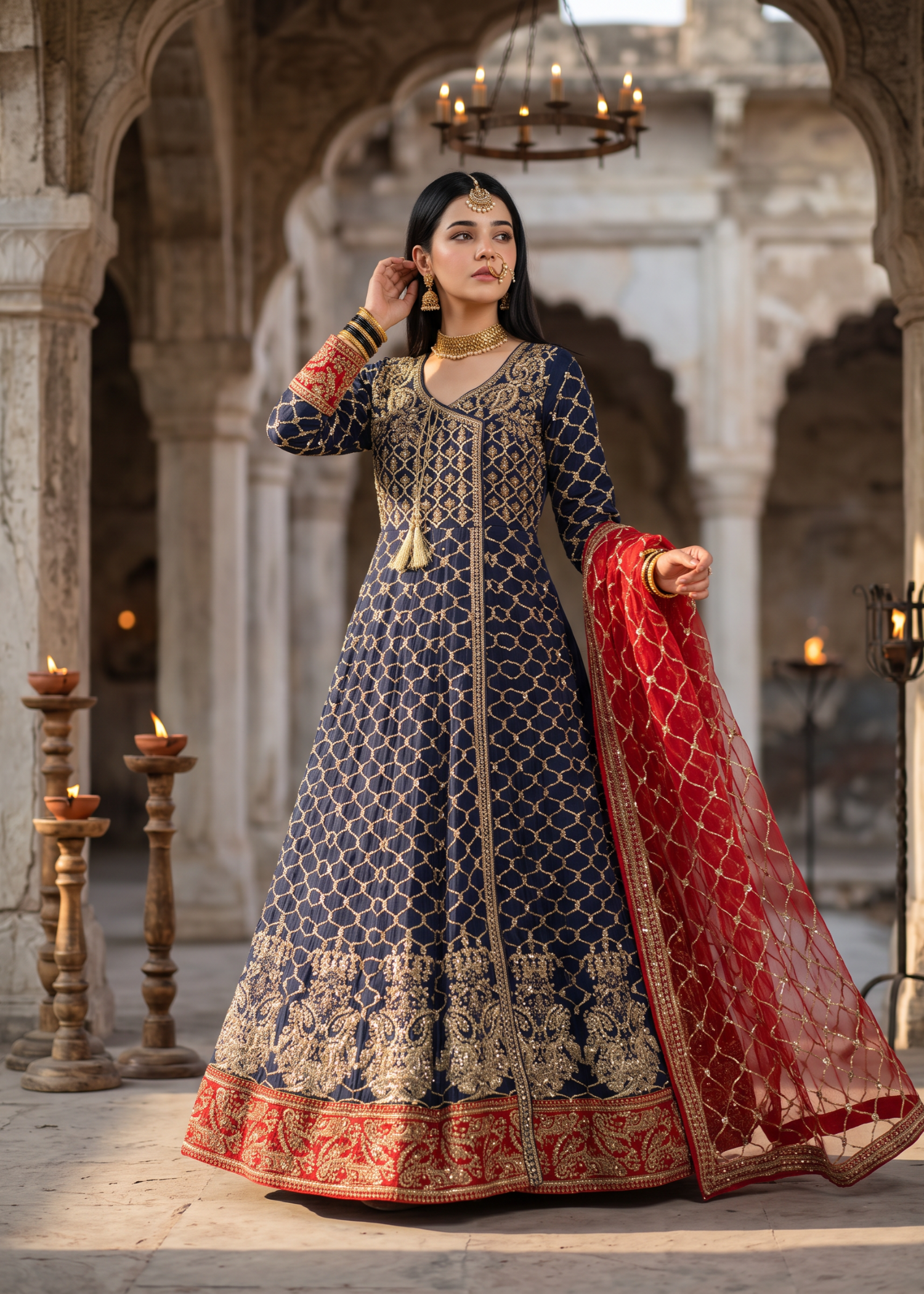 chiffon Angrakha in Navy blue, red