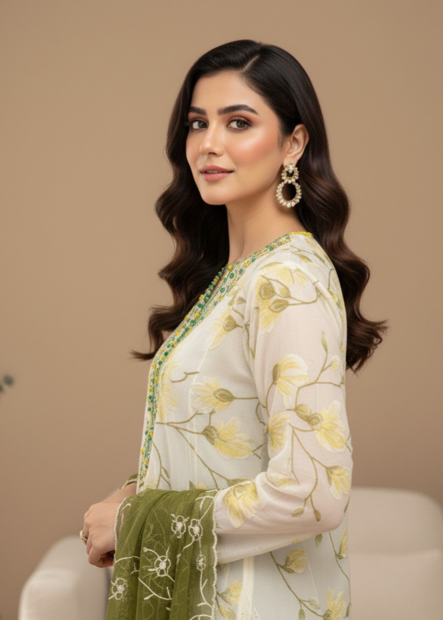 tissue Kurta Set in Cream, mint green