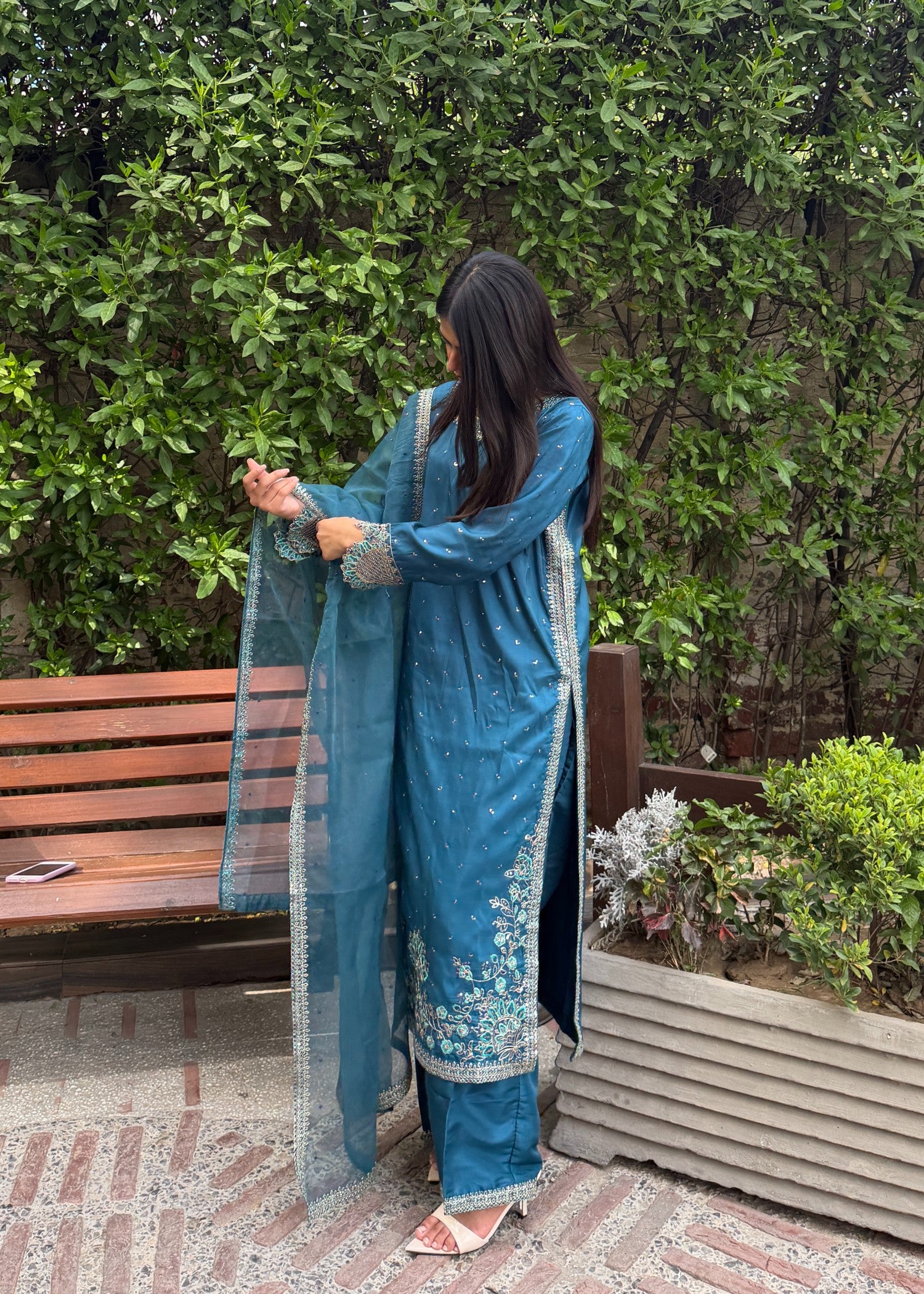 kattan silk Kurta Set in Steel blue
