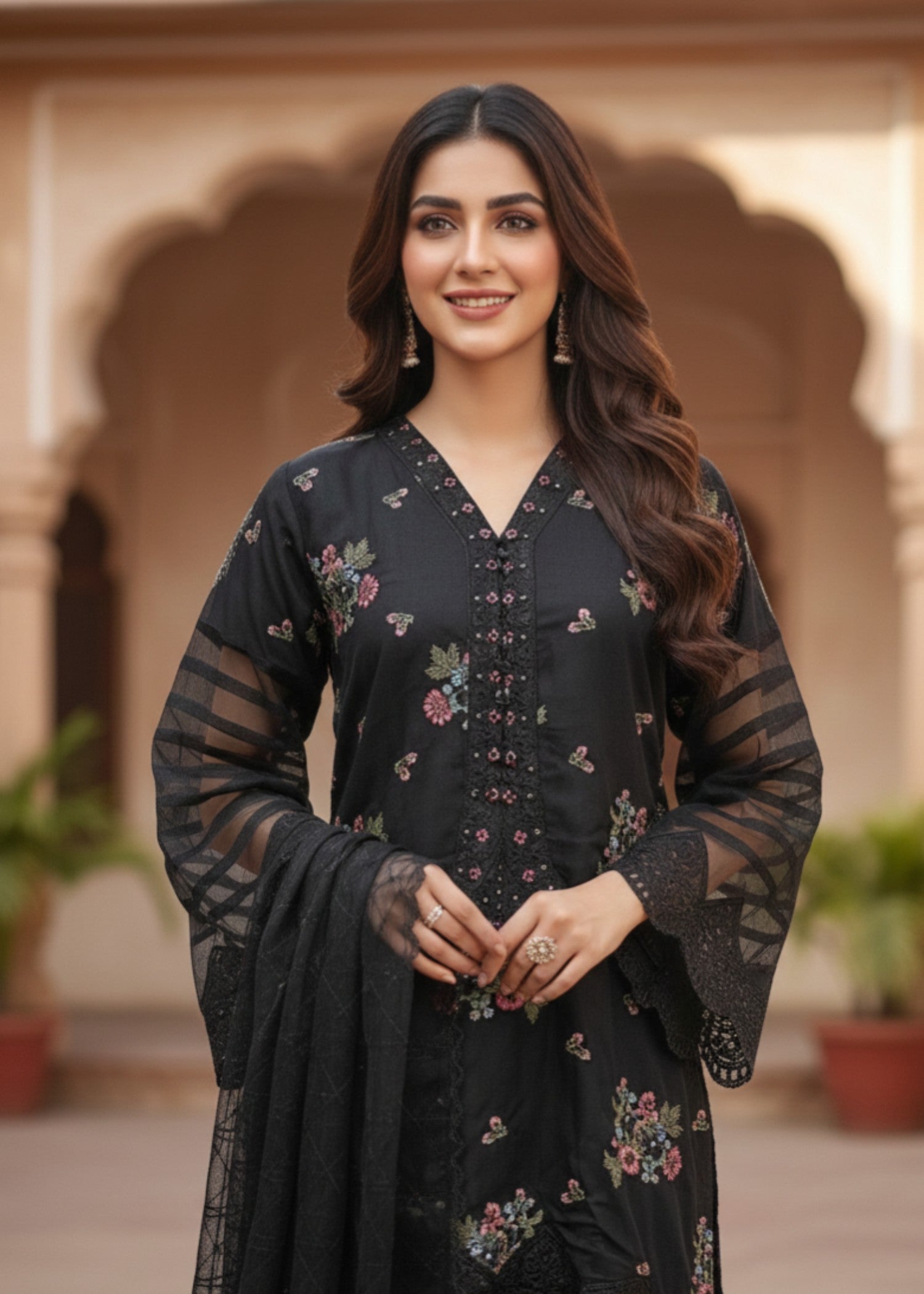 organza net Kurta Set in Black