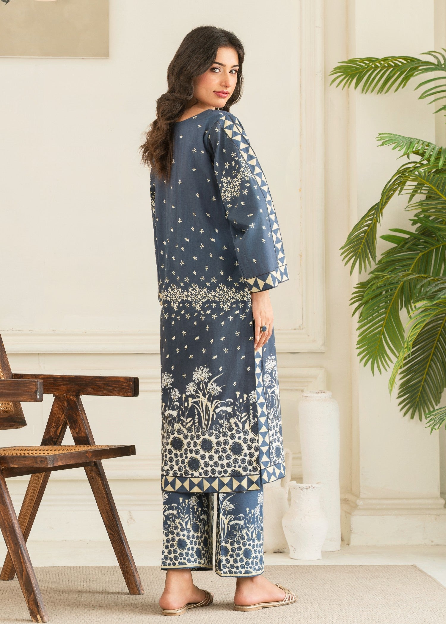 cotton Co Ord Sets in Dark blue, beige