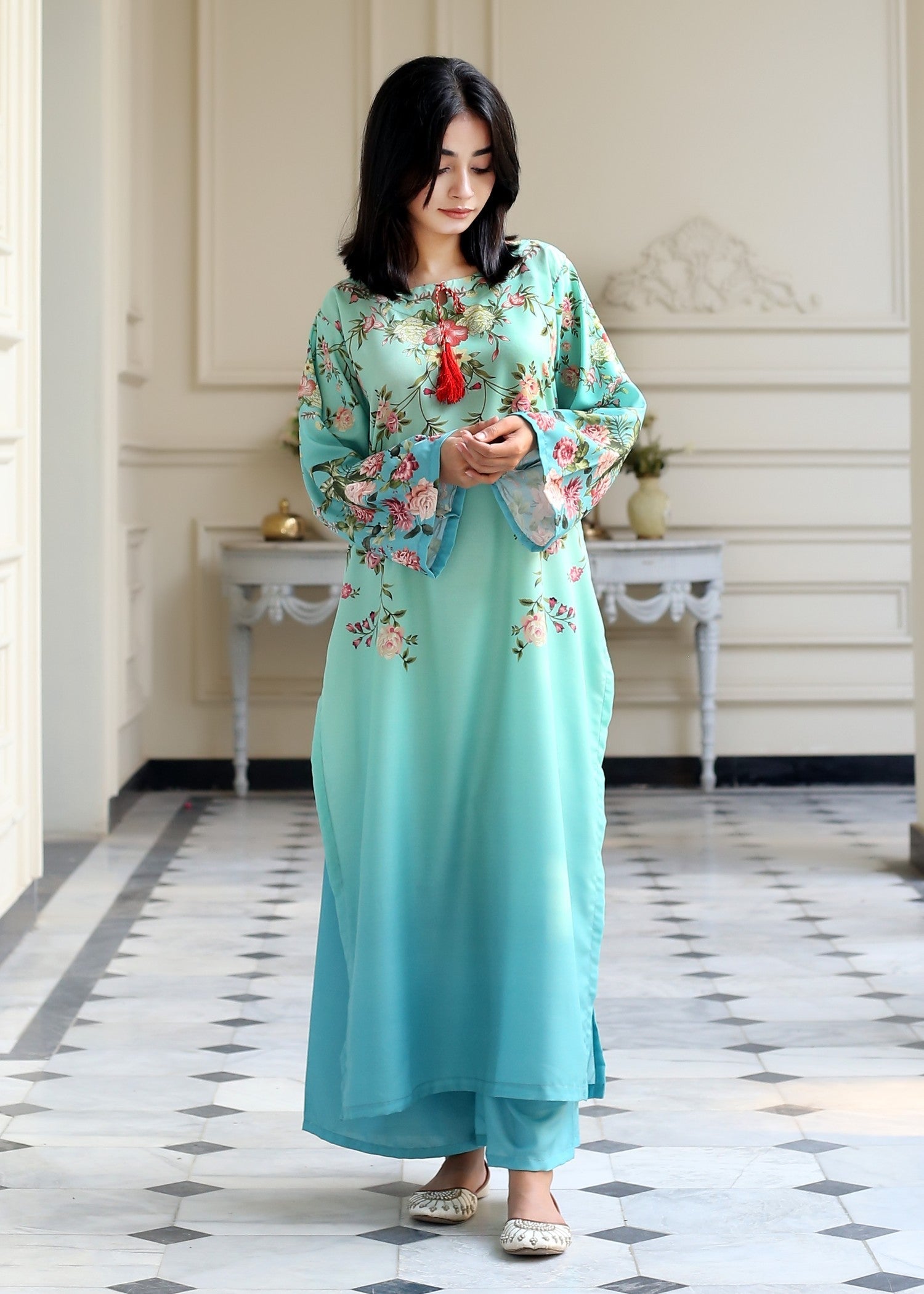 poly lawn Kurta Set in Aquamarine