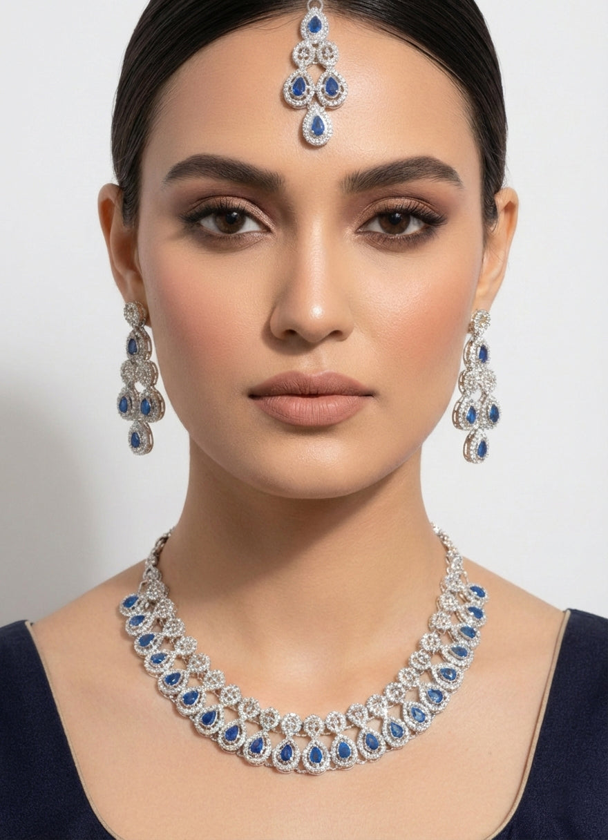 Jewelry Set in Silver, sapphire blue Color by - Trendy Women Jewelry Set YWJ4259