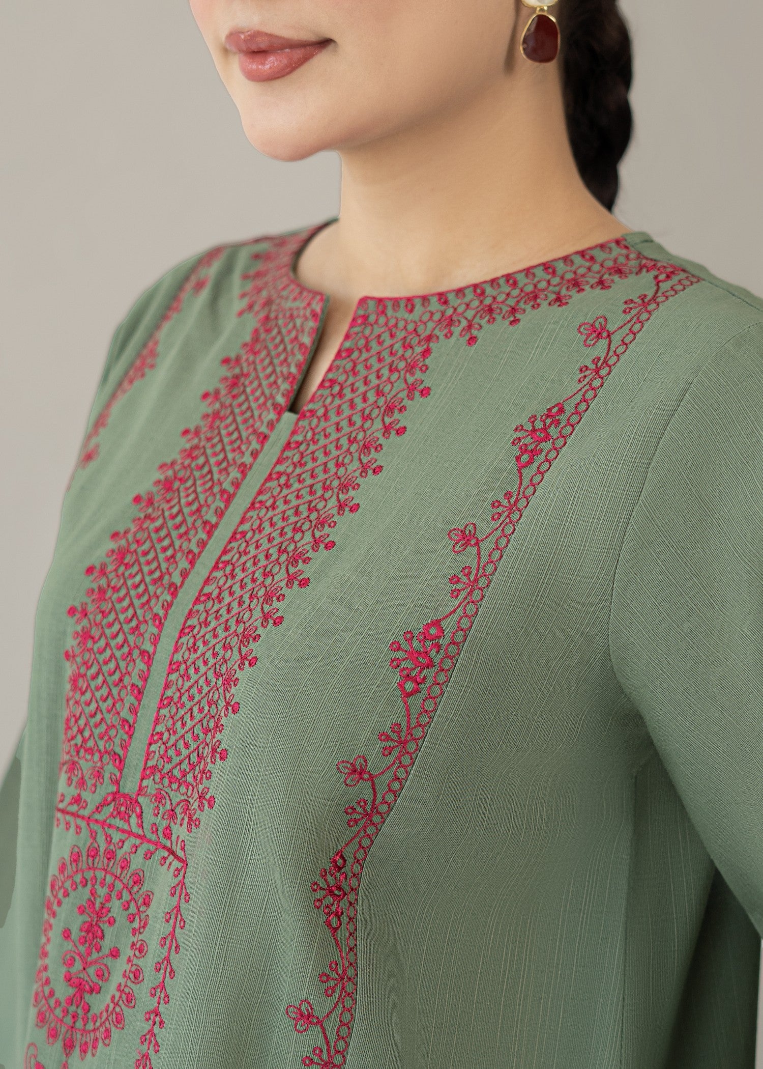slub khaddar Kurta Set in Shocking pink, moss green