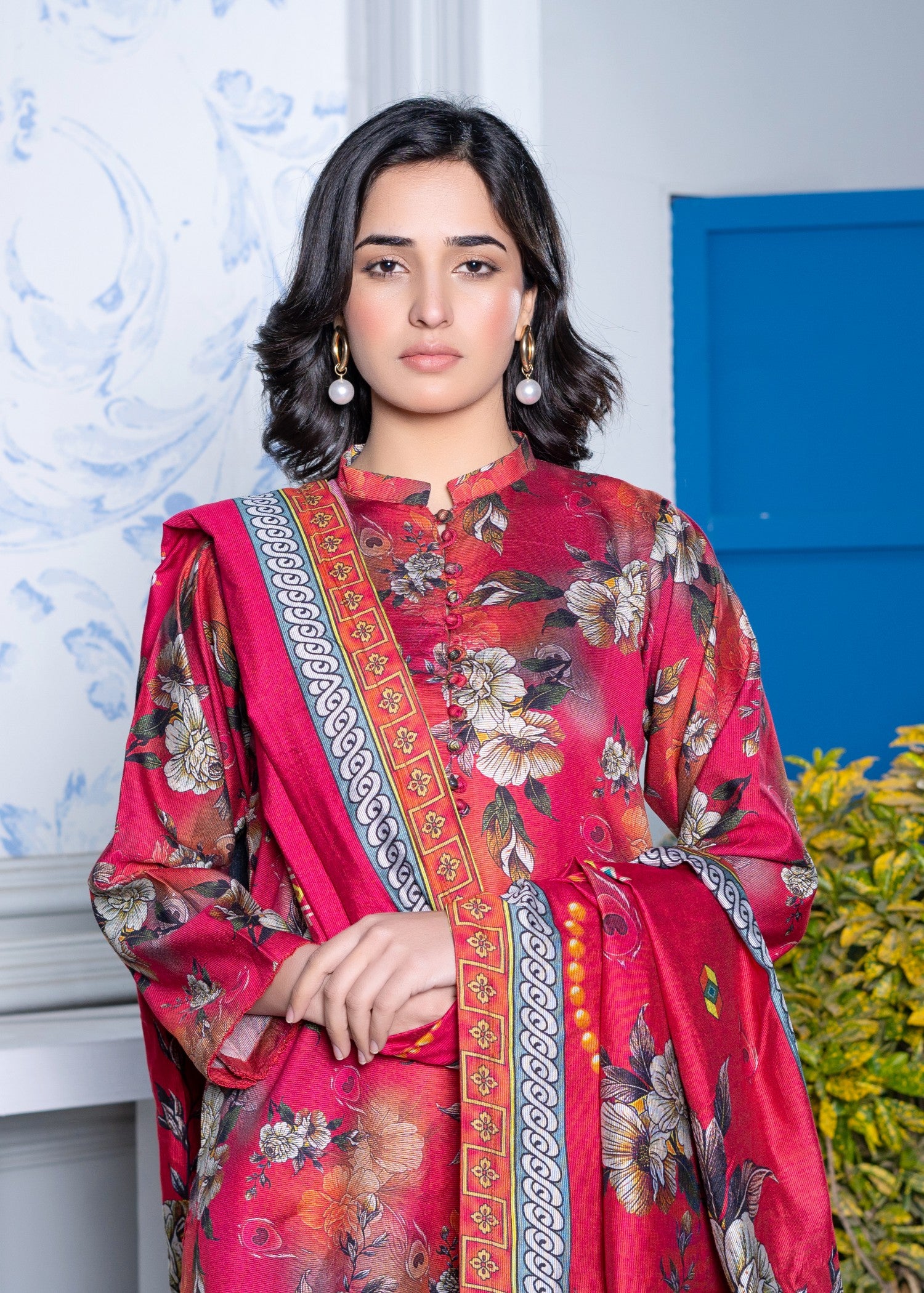khaddi net Kurta Set in Ruby red