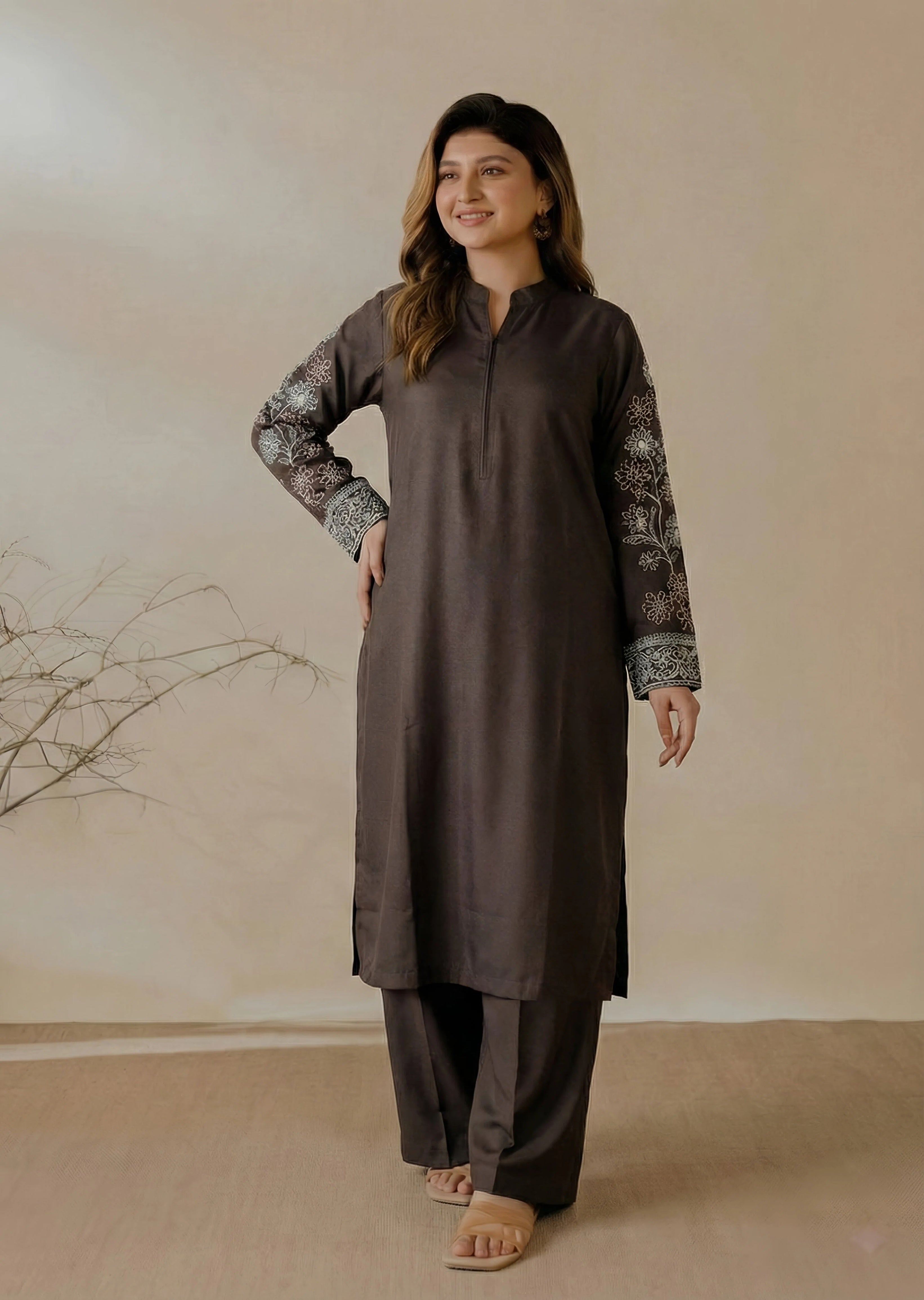dhanak Kurta Set in Mocha brown