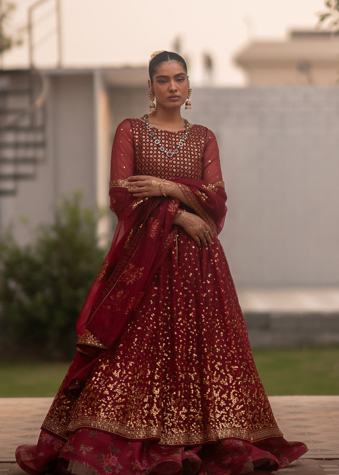 organza Pishwas in Red