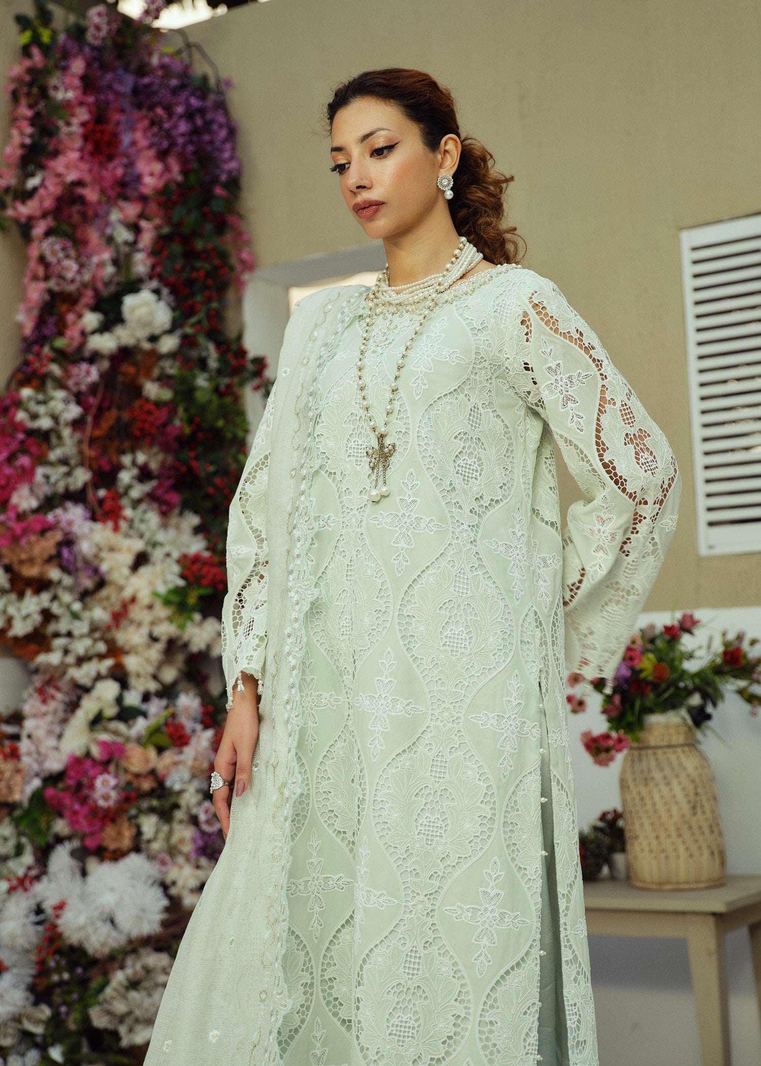 schiffli Kurta Set in Tea green