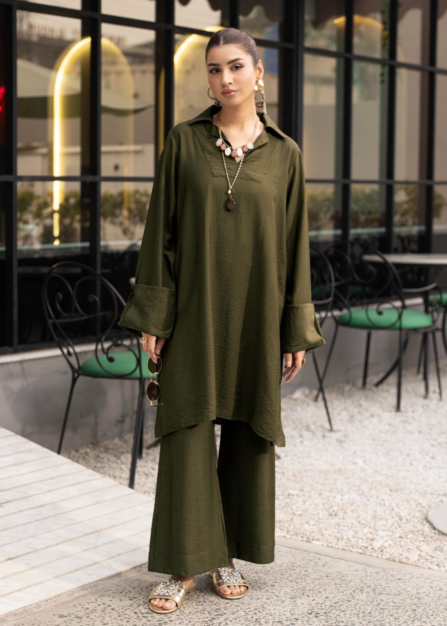 crepe Kurta Set in Olive green
