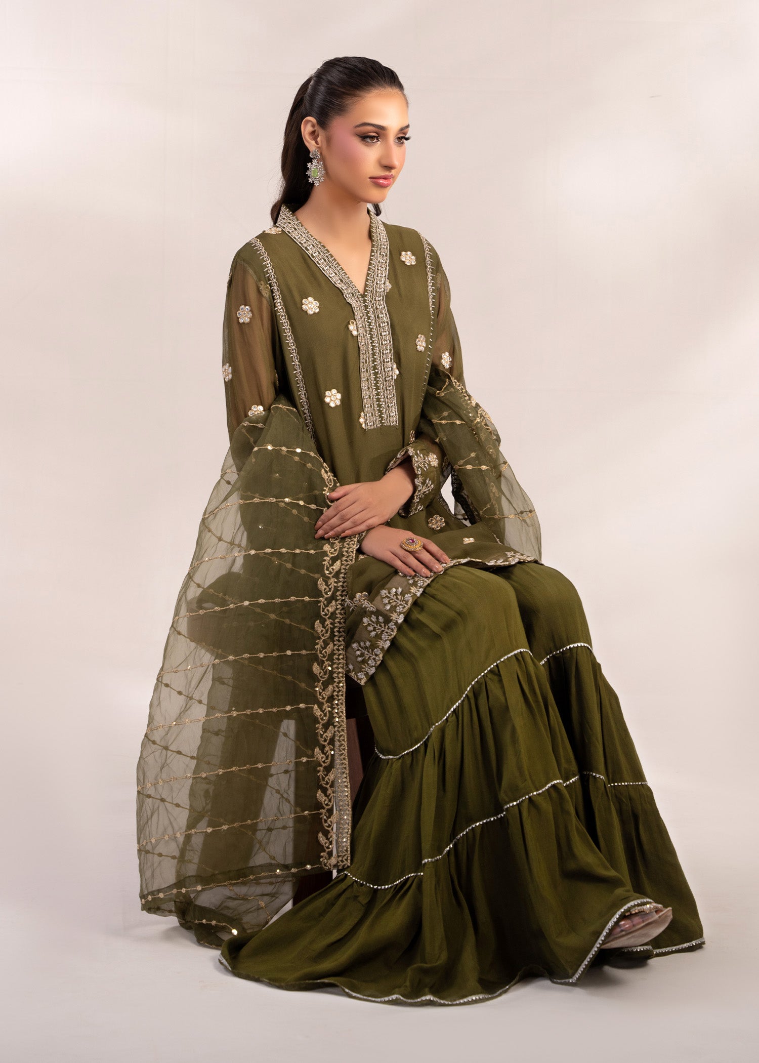 crinkle Gharara in Olive green