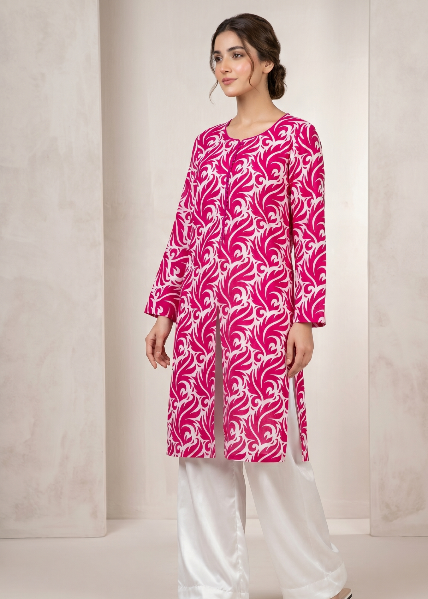 lawn Kurta Set in Shocking pink, white