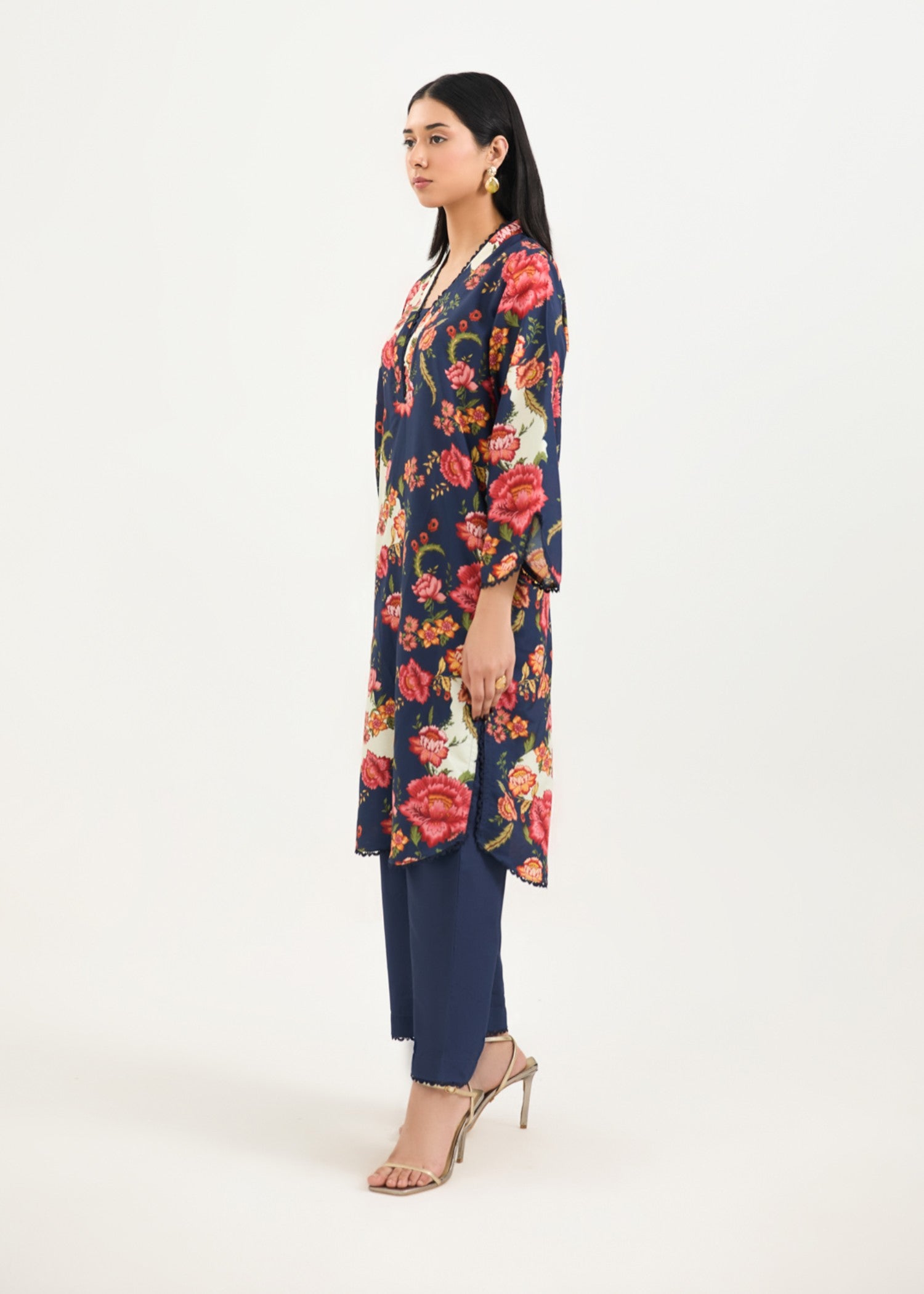 silk finish lawn Kurta Set in Navy blue