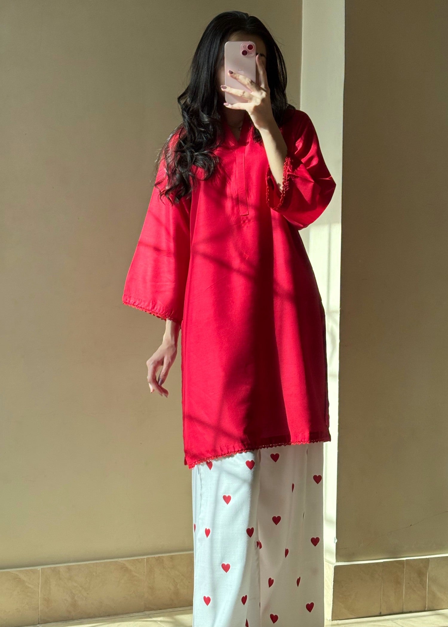 arabic lawn Kurta Set in Red