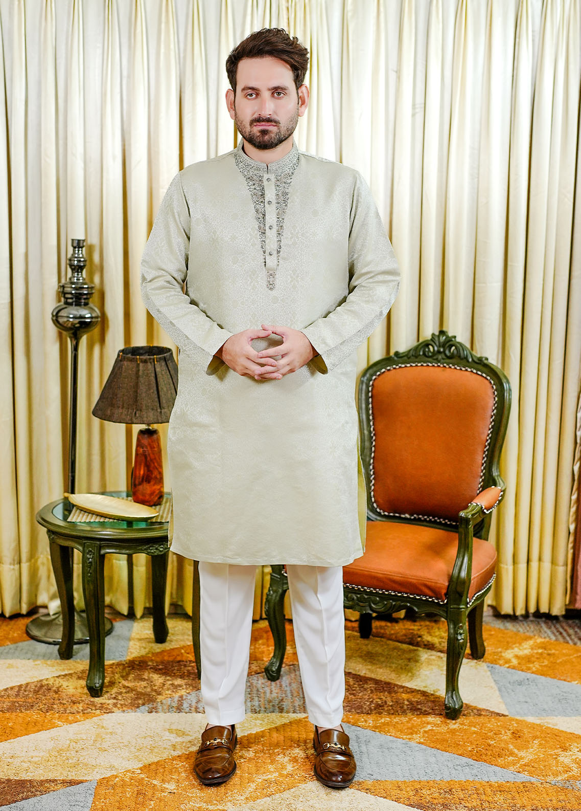 traditional jamawar Kurta in Silver